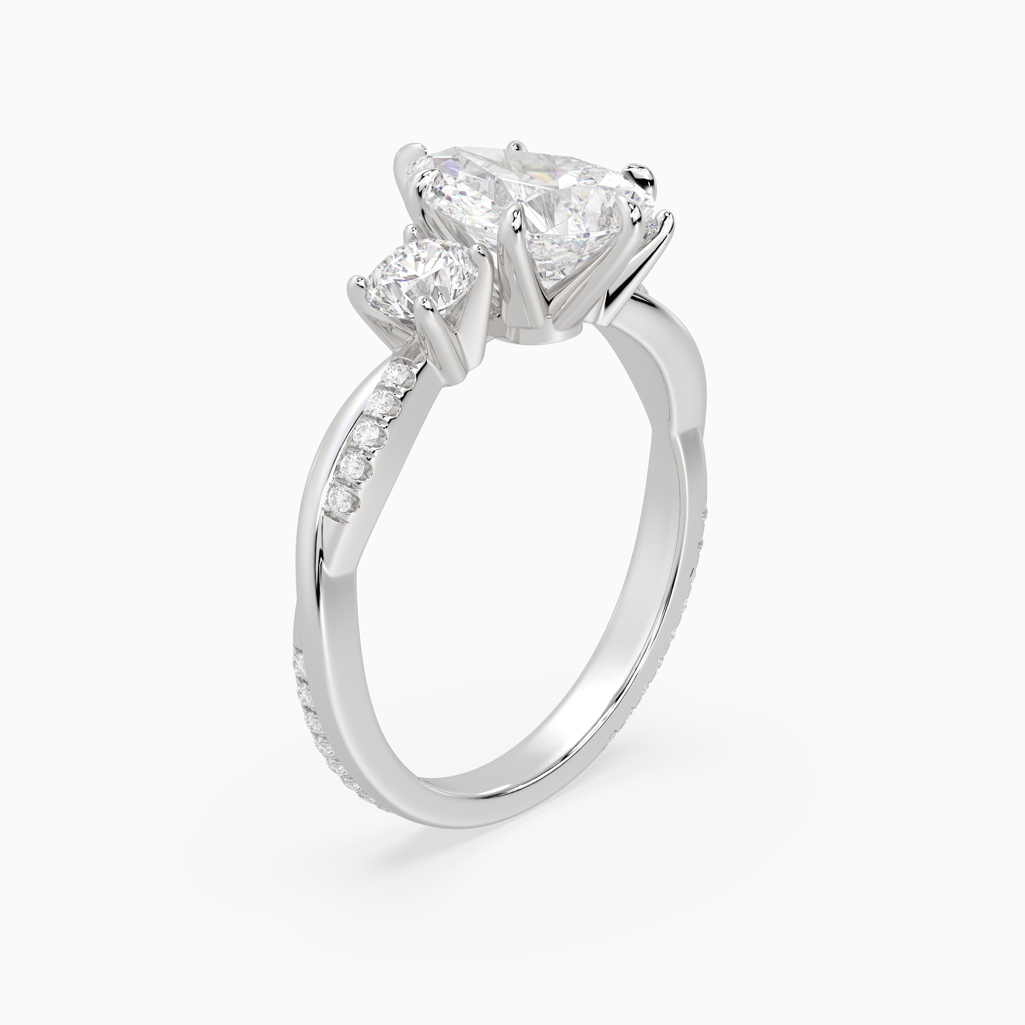 Pear Twisted Vine Three Stone in 14K White Gold angled