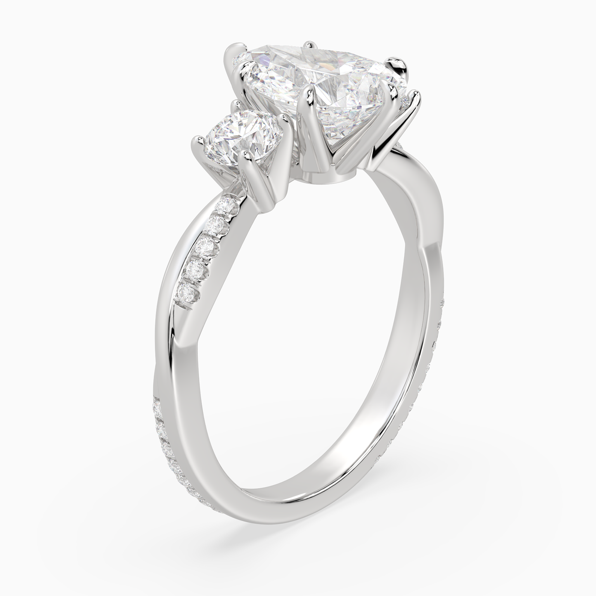 Pear Twisted Vine Three Stone in 18K White Gold angled