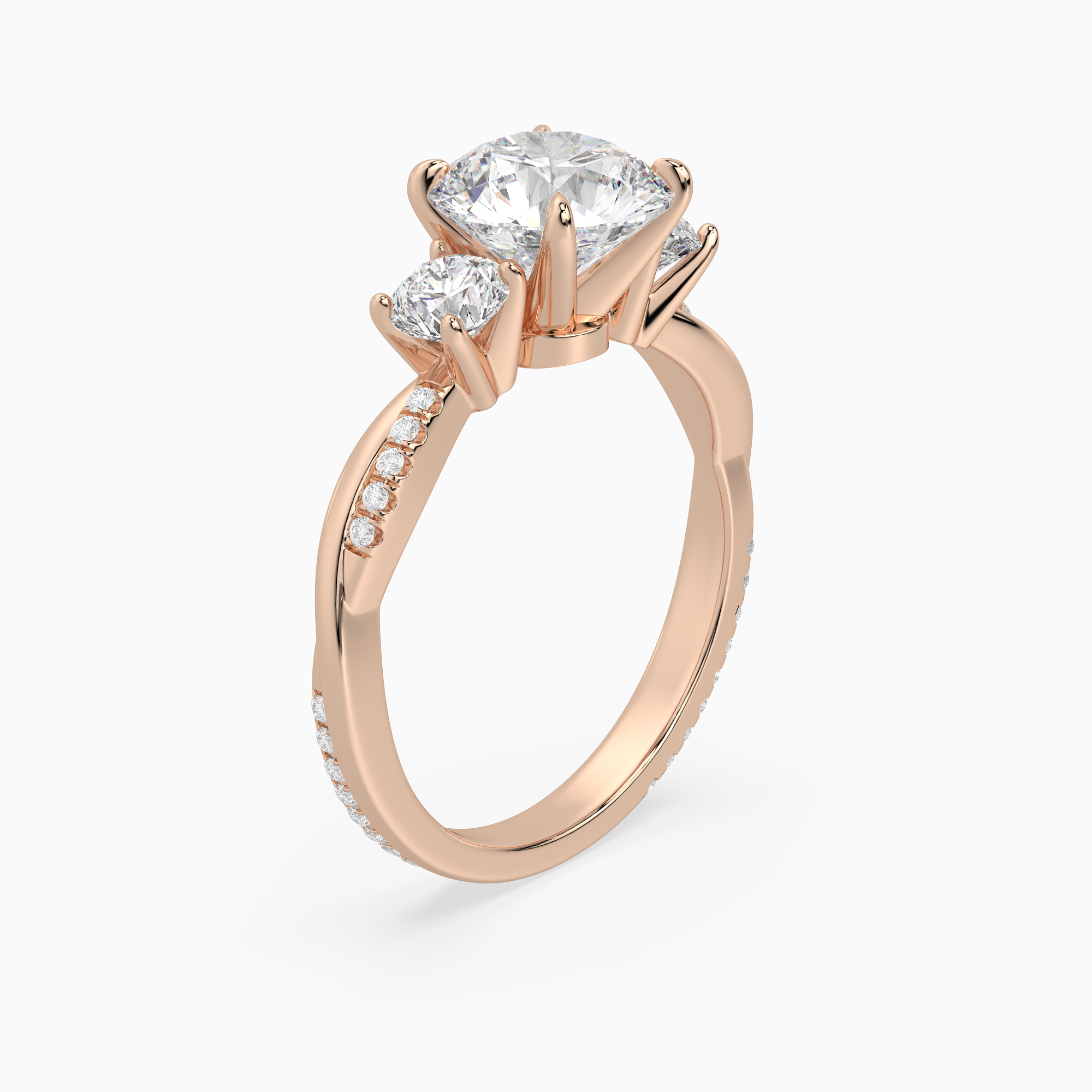 Round Twisted Vine Three Stone in 14K Rose Gold angled
