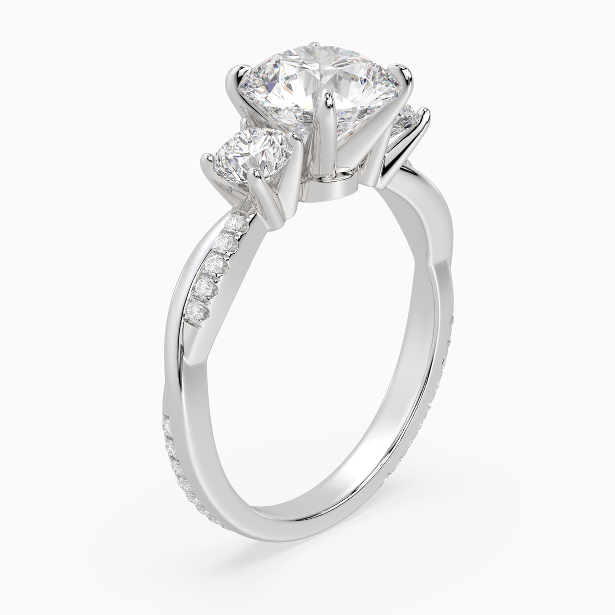 Round Twisted Vine Three Stone in 14K White Gold angled