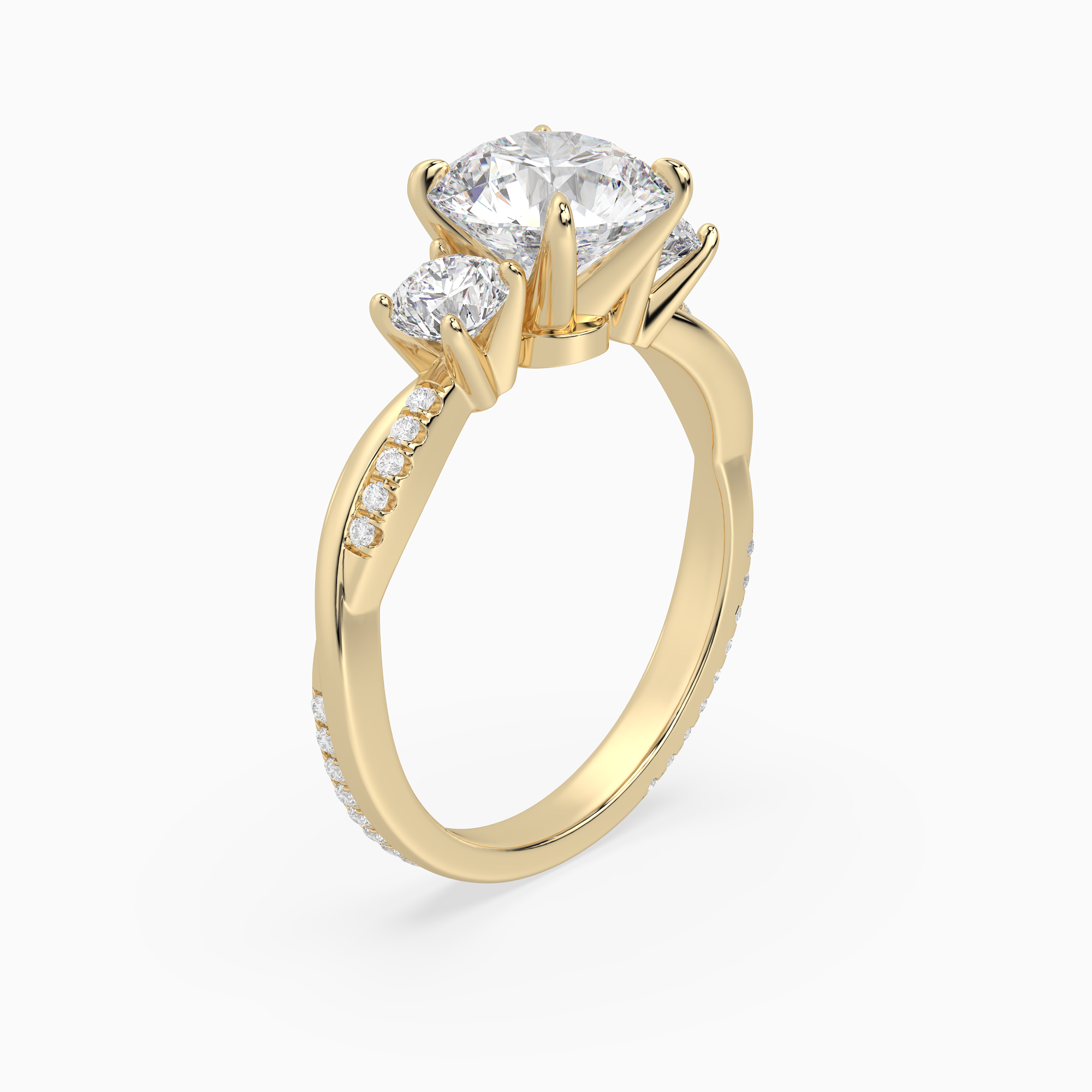 Round Twisted Vine Three Stone in 18K Yellow Gold angled