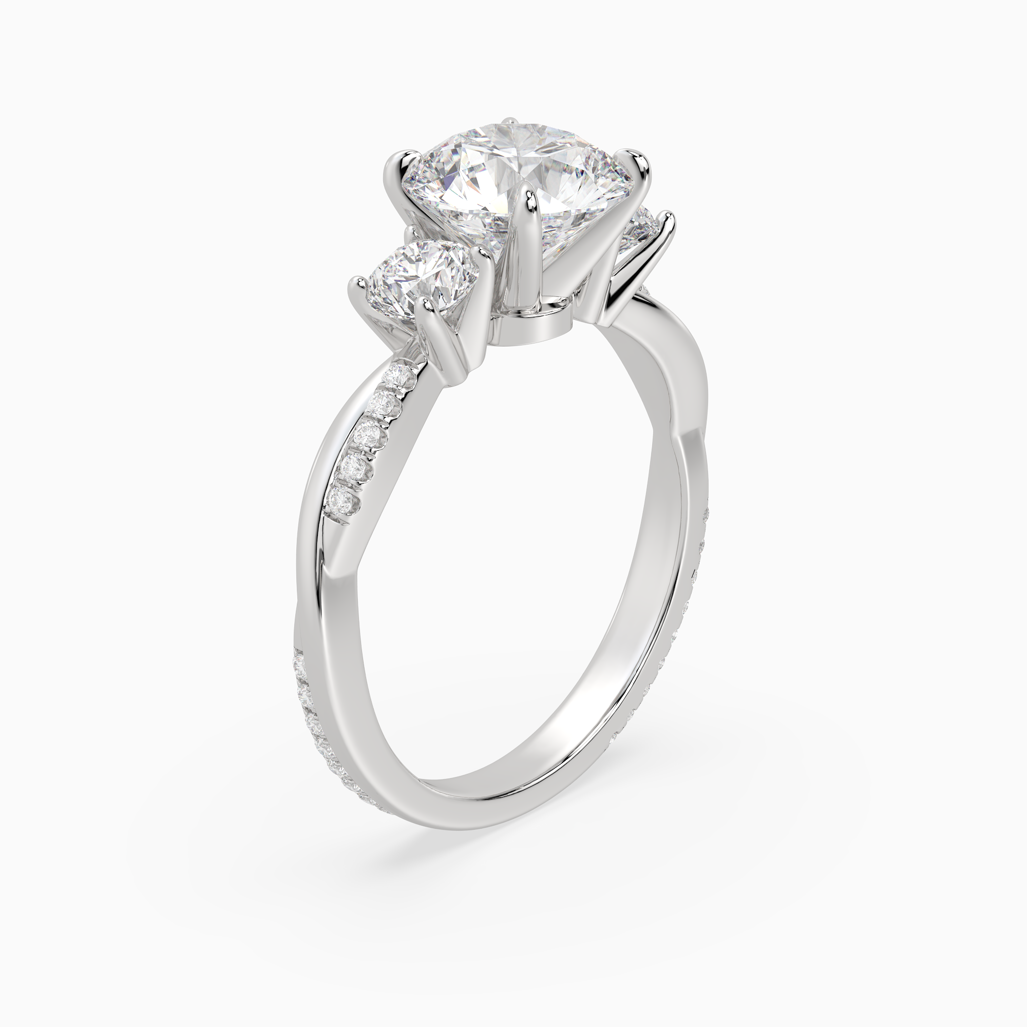 Round Twisted Vine Three Stone in Platinum angled