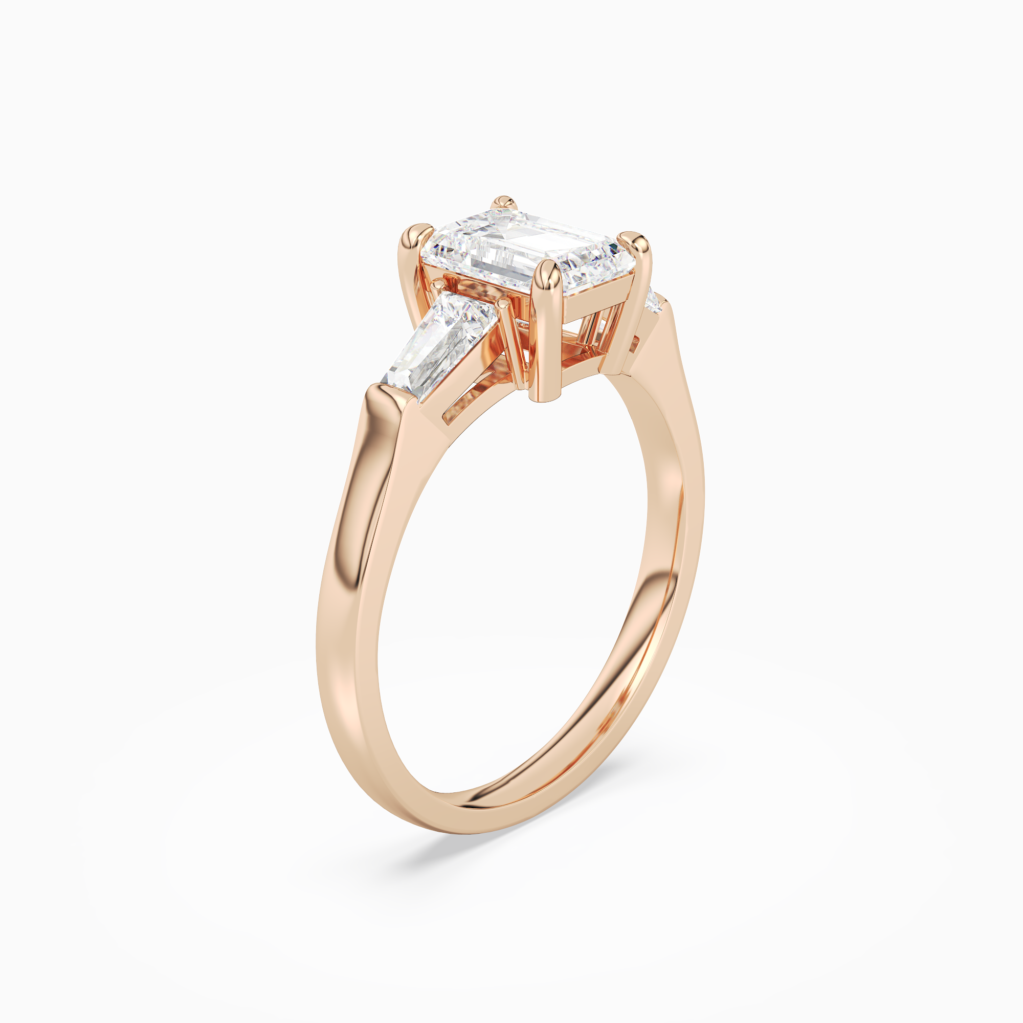 Emerald Baguette Three Stone Large Sides in 14K Rose Gold angled