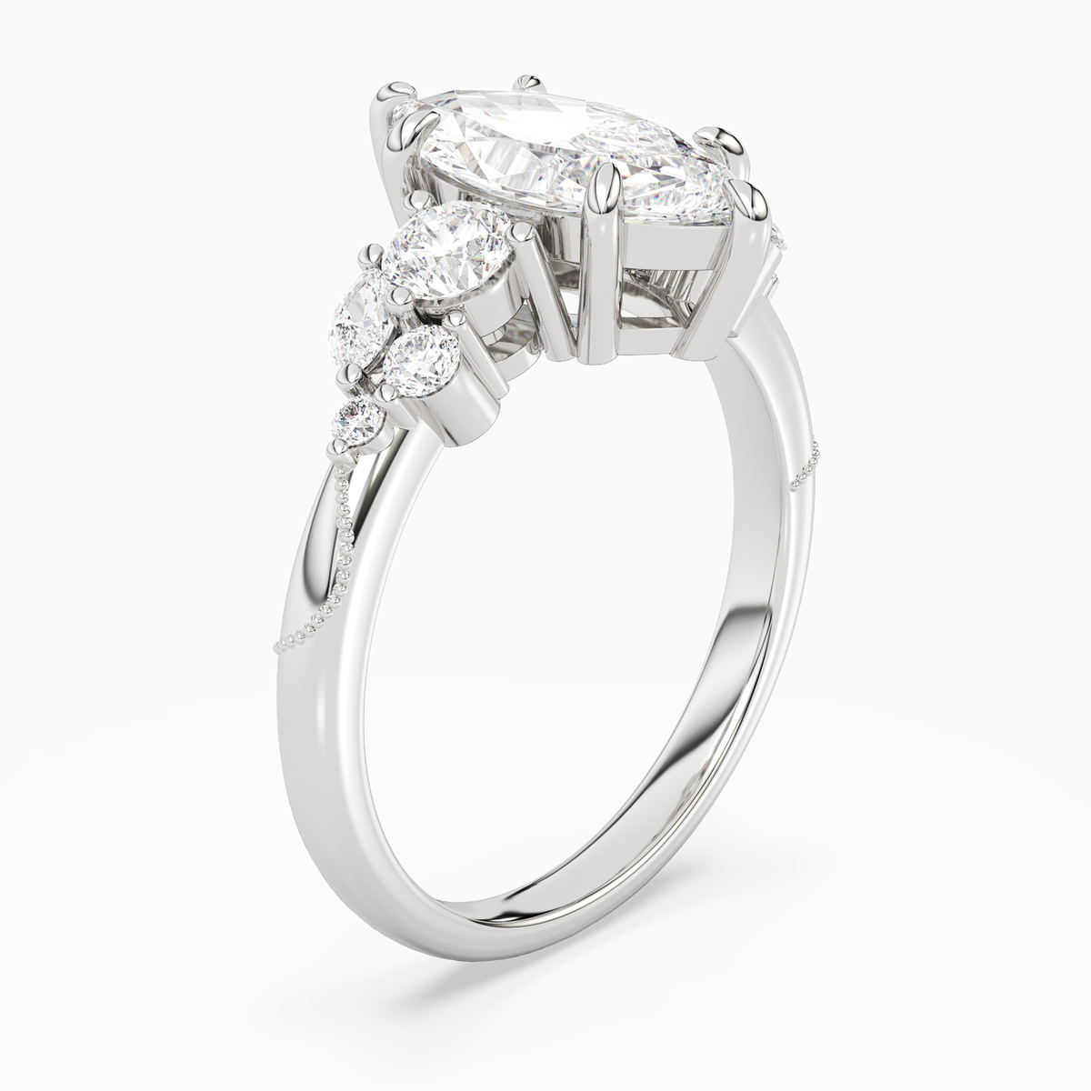 Marquise Composite Three Stone Ring in 14K White Gold angled