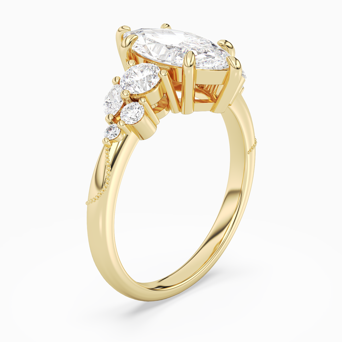 Marquise Composite Three Stone Ring in 18K Yellow Gold angled