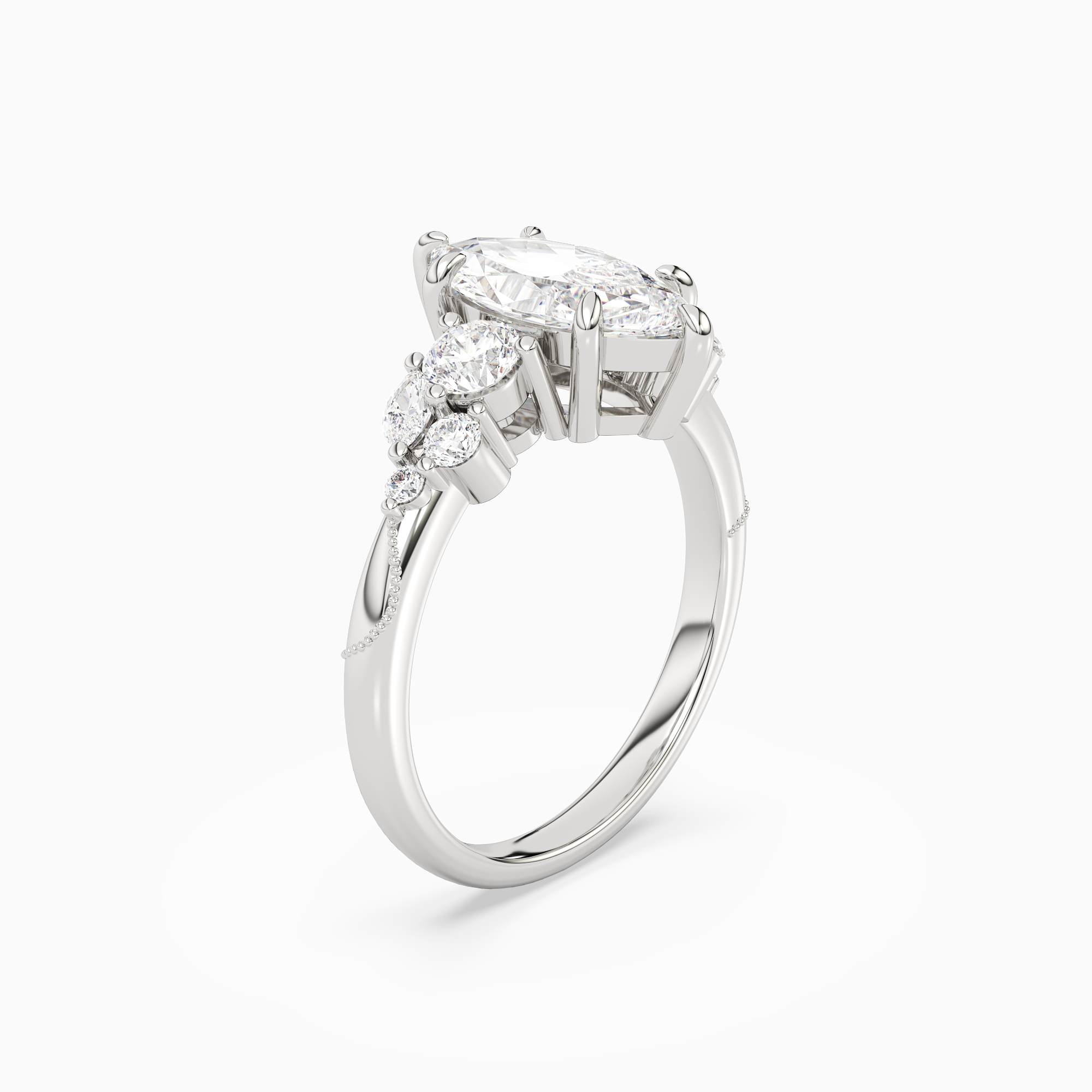 Marquise Composite Three Stone Ring in Platinum angled