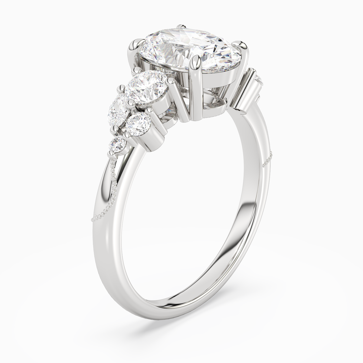 Oval Composite Three Stone Ring in 14K White Gold angled