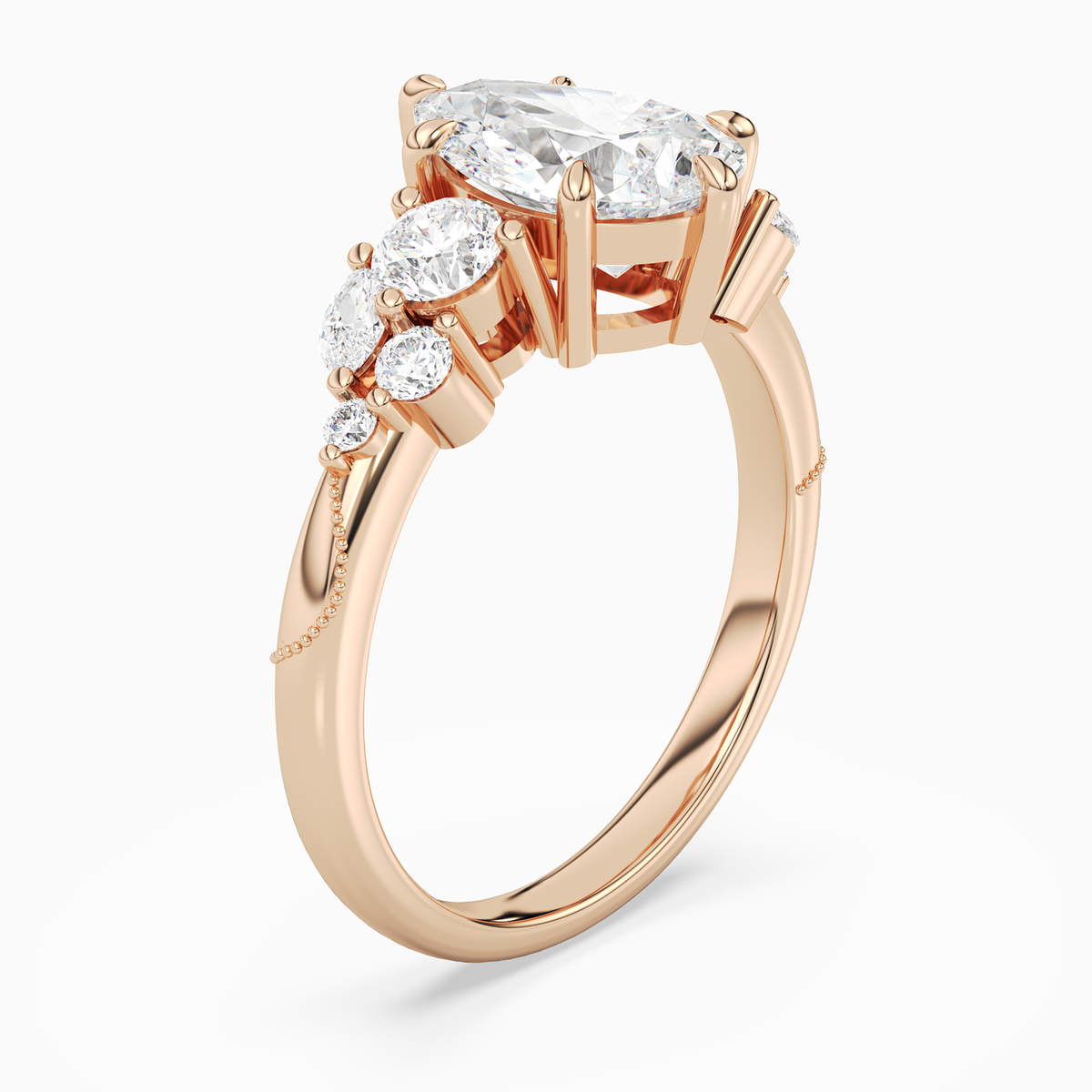 Pear Composite Three Stone Ring in 14K Rose Gold angled