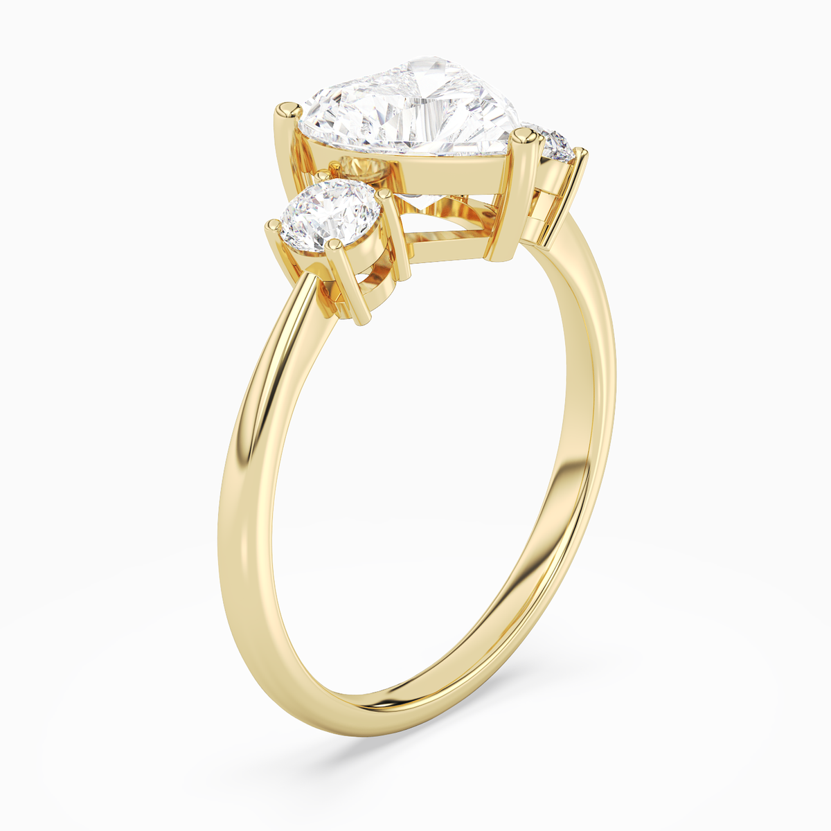 Heart Classic Round Three Stone Large Sides in 18K Yellow Gold angled