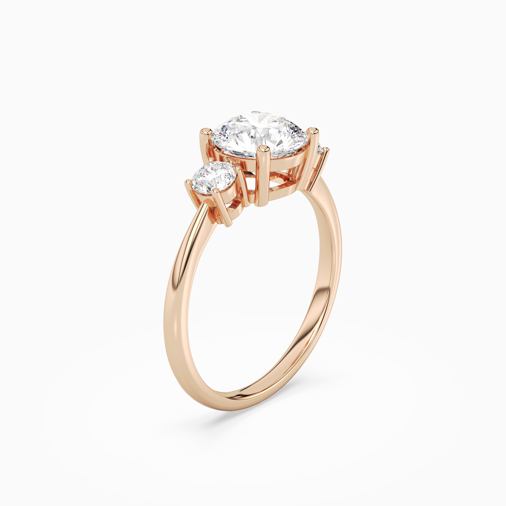 Round Classic Round Three Stone Large Sides in 14K Rose Gold angled
