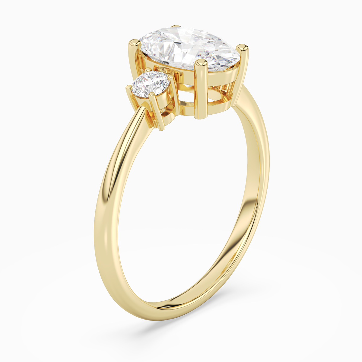 Oval Classic Round Three Stone Small Sides in 14K Yellow Gold angled