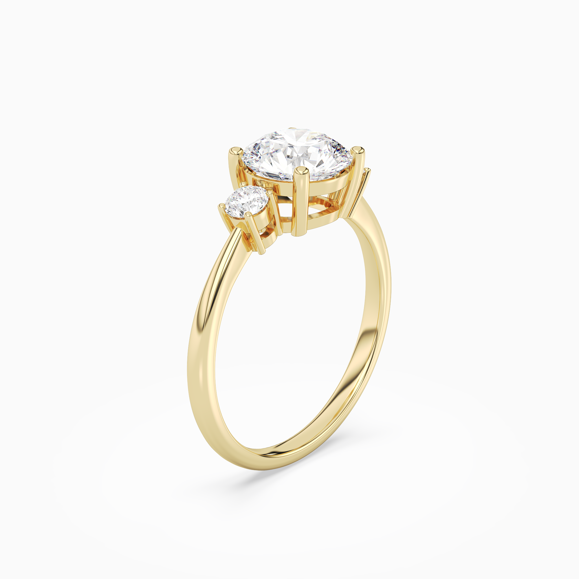 Round Classic Round Three Stone Small Sides in 18K Yellow Gold angled