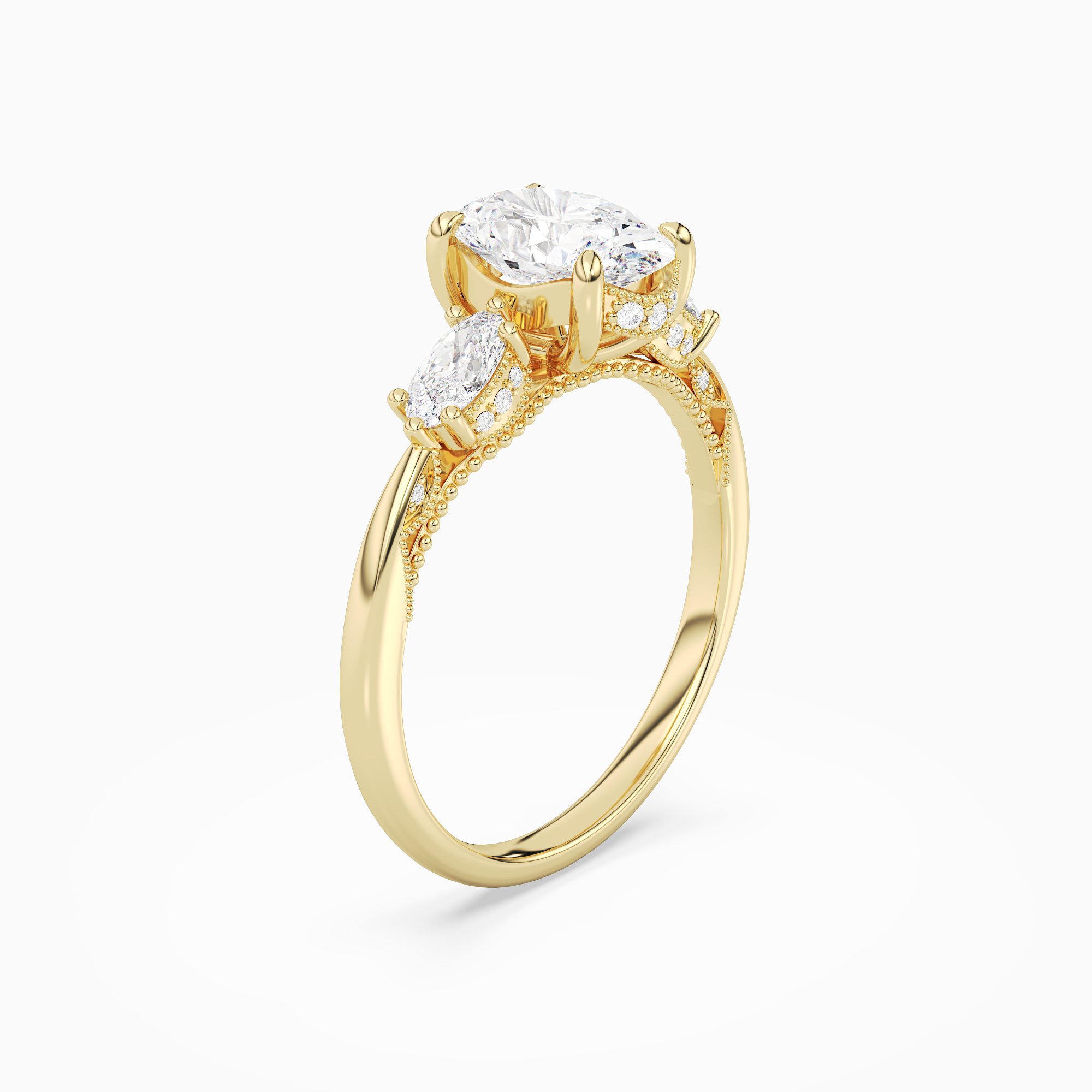 Oval Ornate Accented Three Stone in 18K Yellow Gold angled