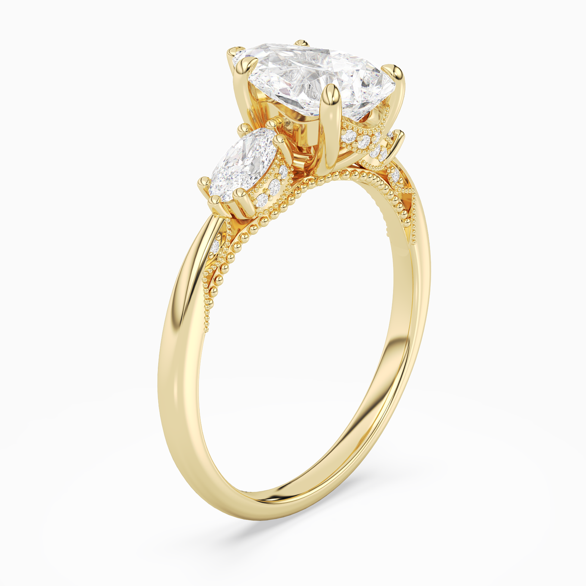 Pear Ornate Accented Three Stone in 18K Yellow Gold angled