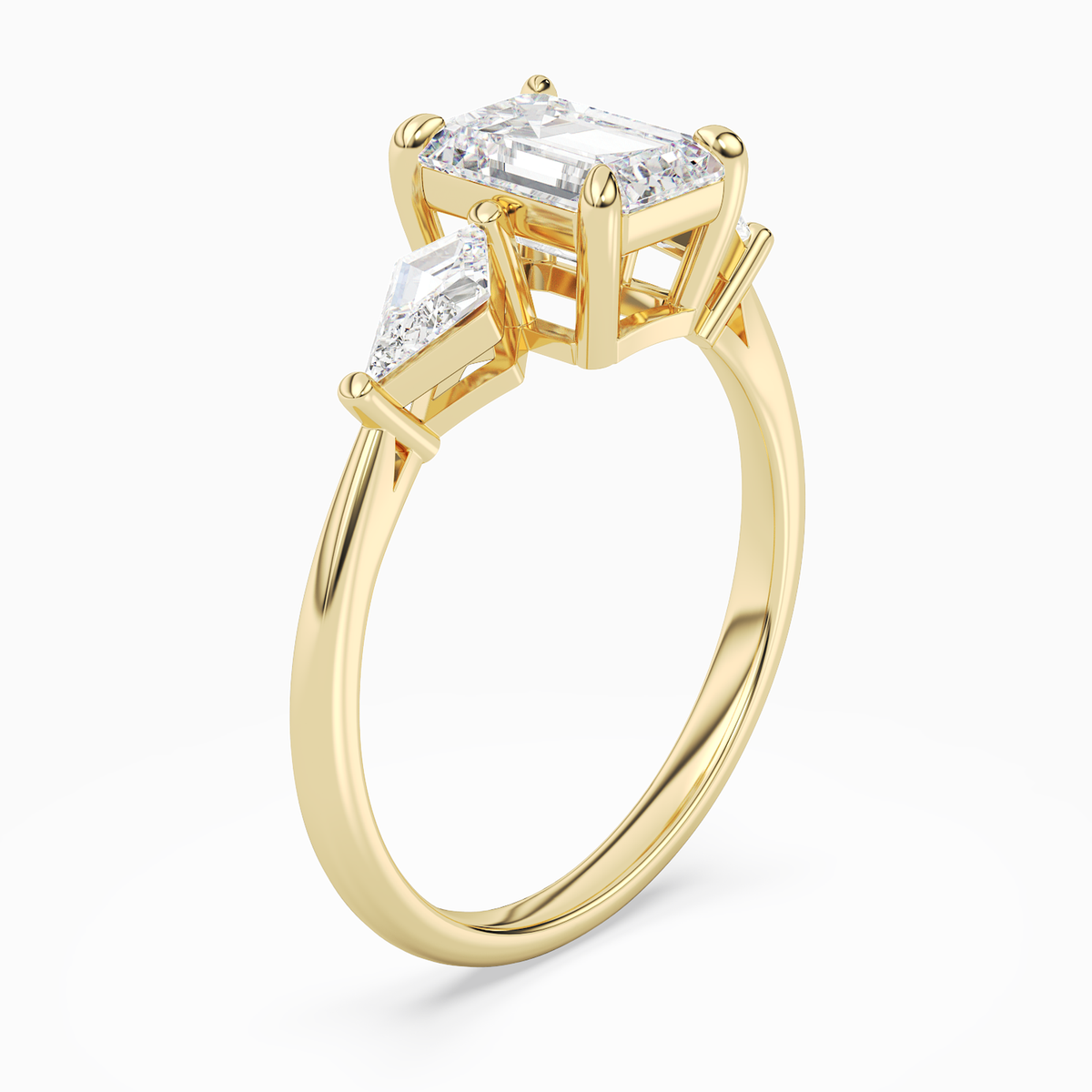 Emerald Kite Side Three Stone Large Sides in 14K Yellow Gold angled