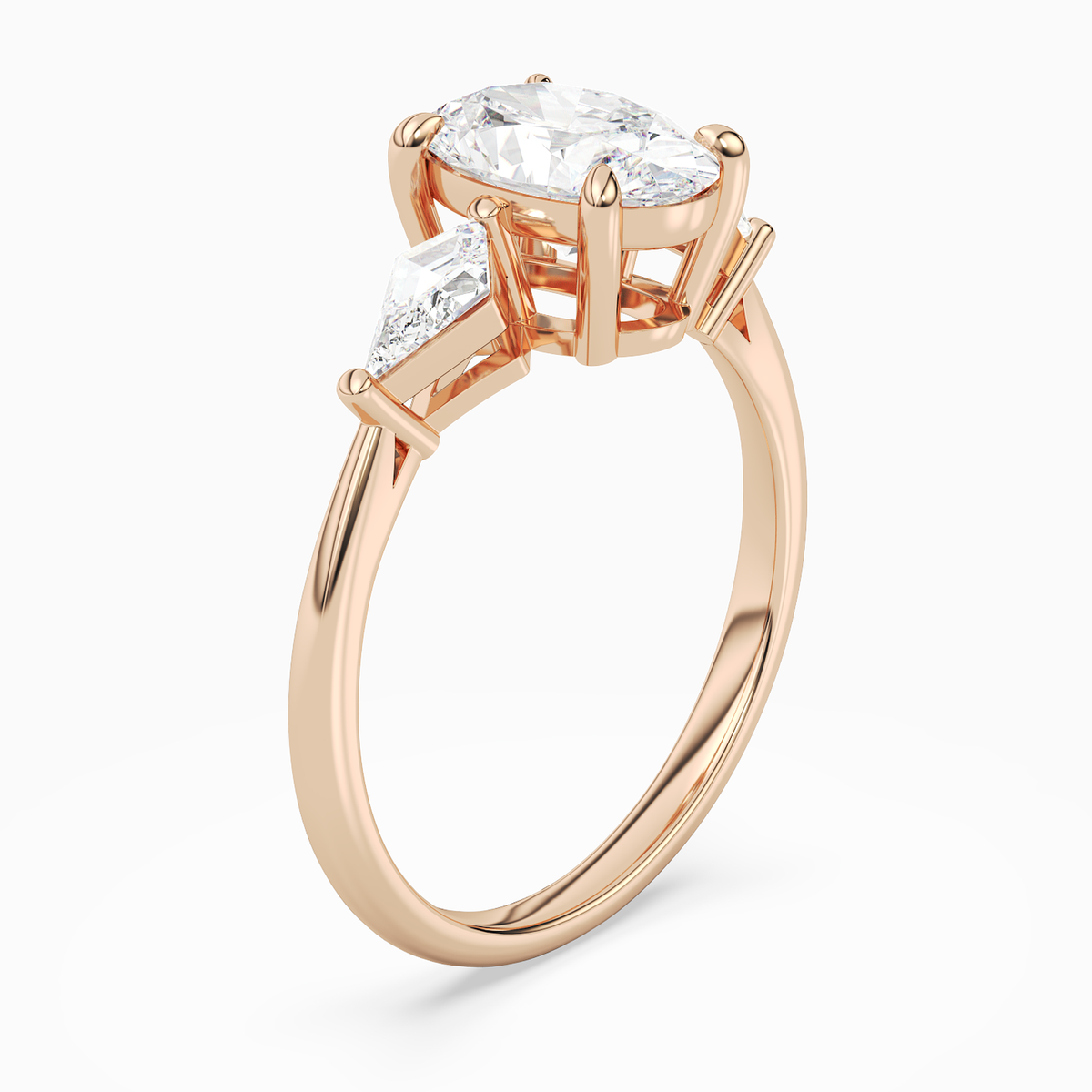 Oval Kite Side Three Stone Large Sides in 14K Rose Gold angled