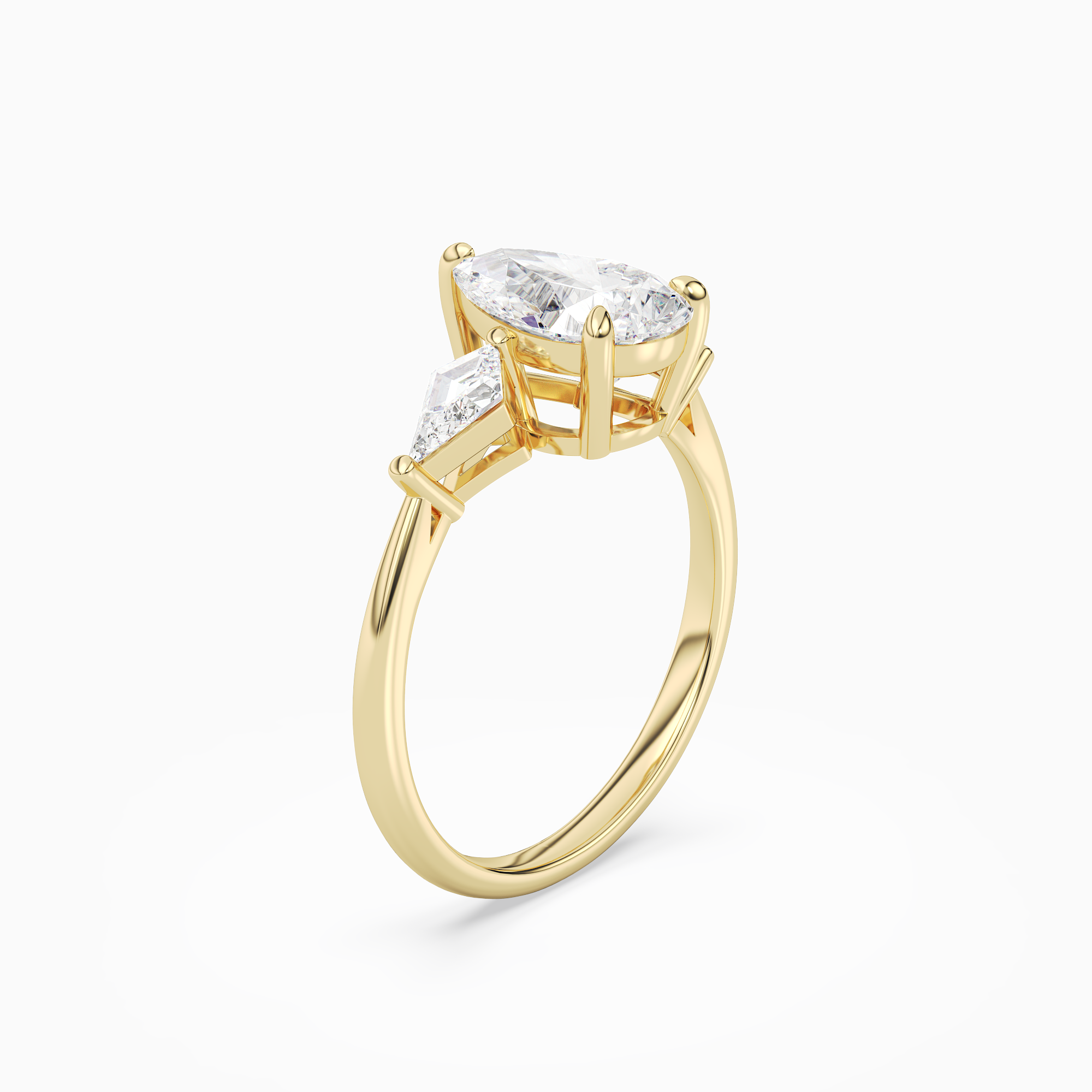 Pear Kite Side Three Stone Large Sides in 14K Yellow Gold angled