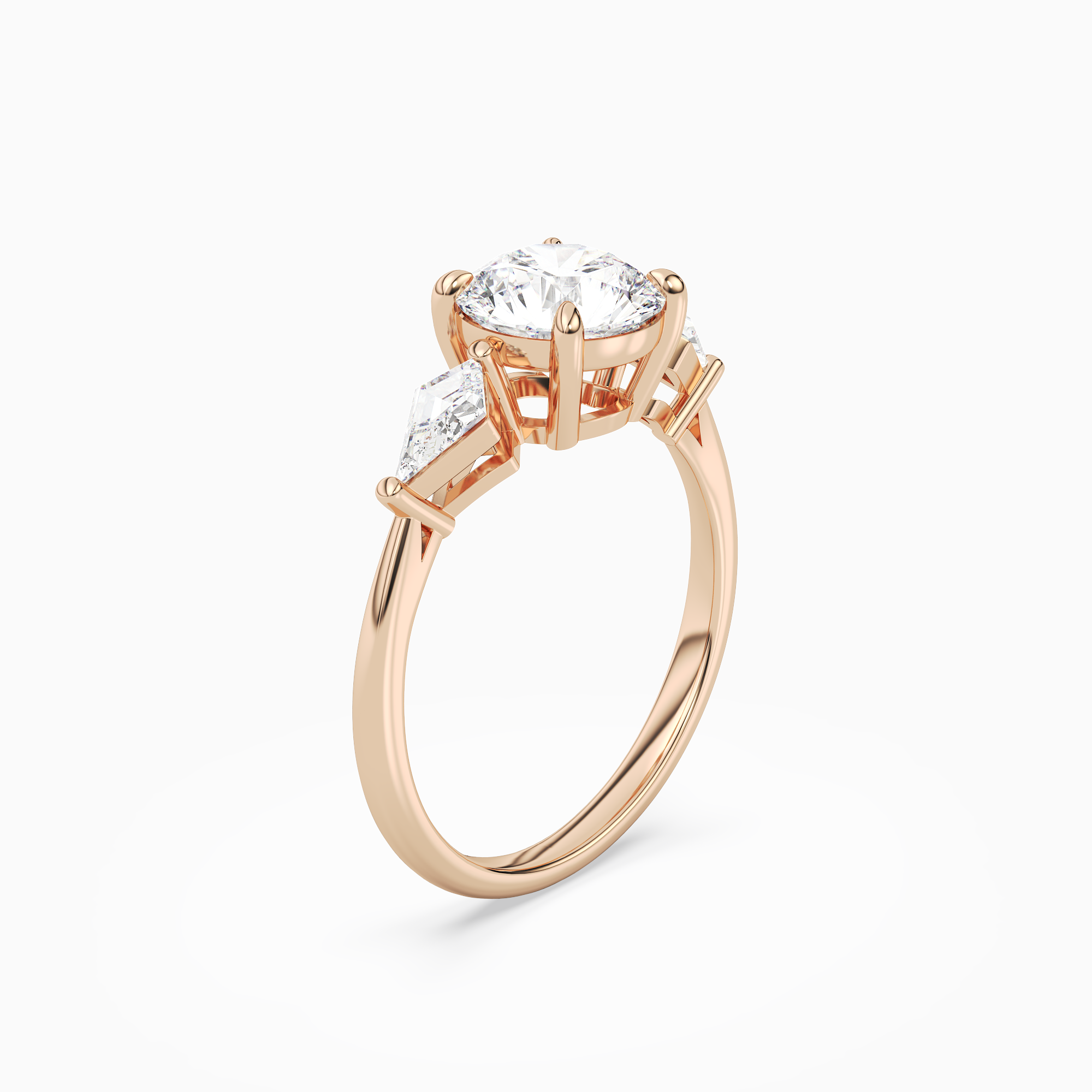 Round Kite Side Three Stone Large Sides in 14K Rose Gold angled