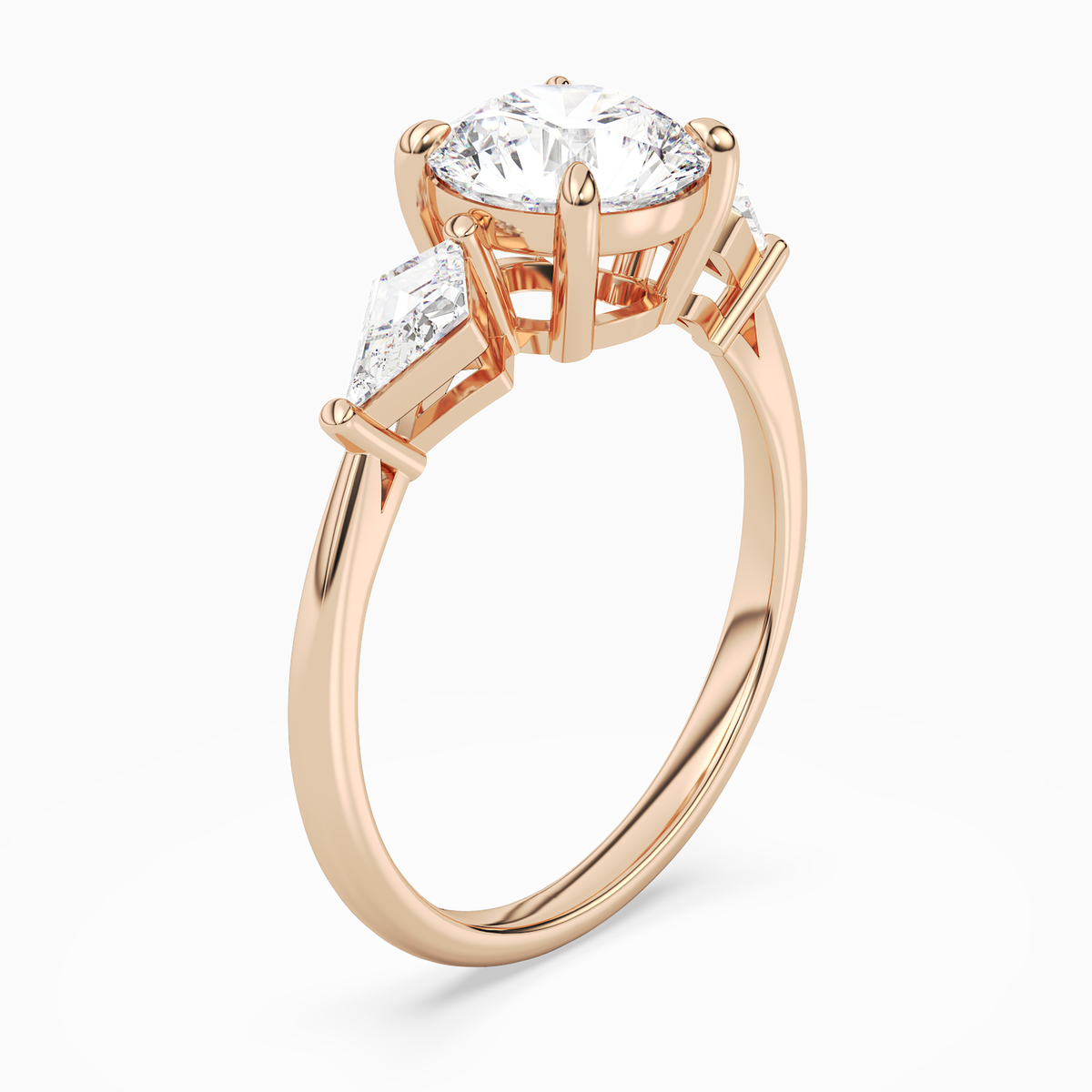 Round Kite Side Three Stone Large Sides in 14K Rose Gold angled