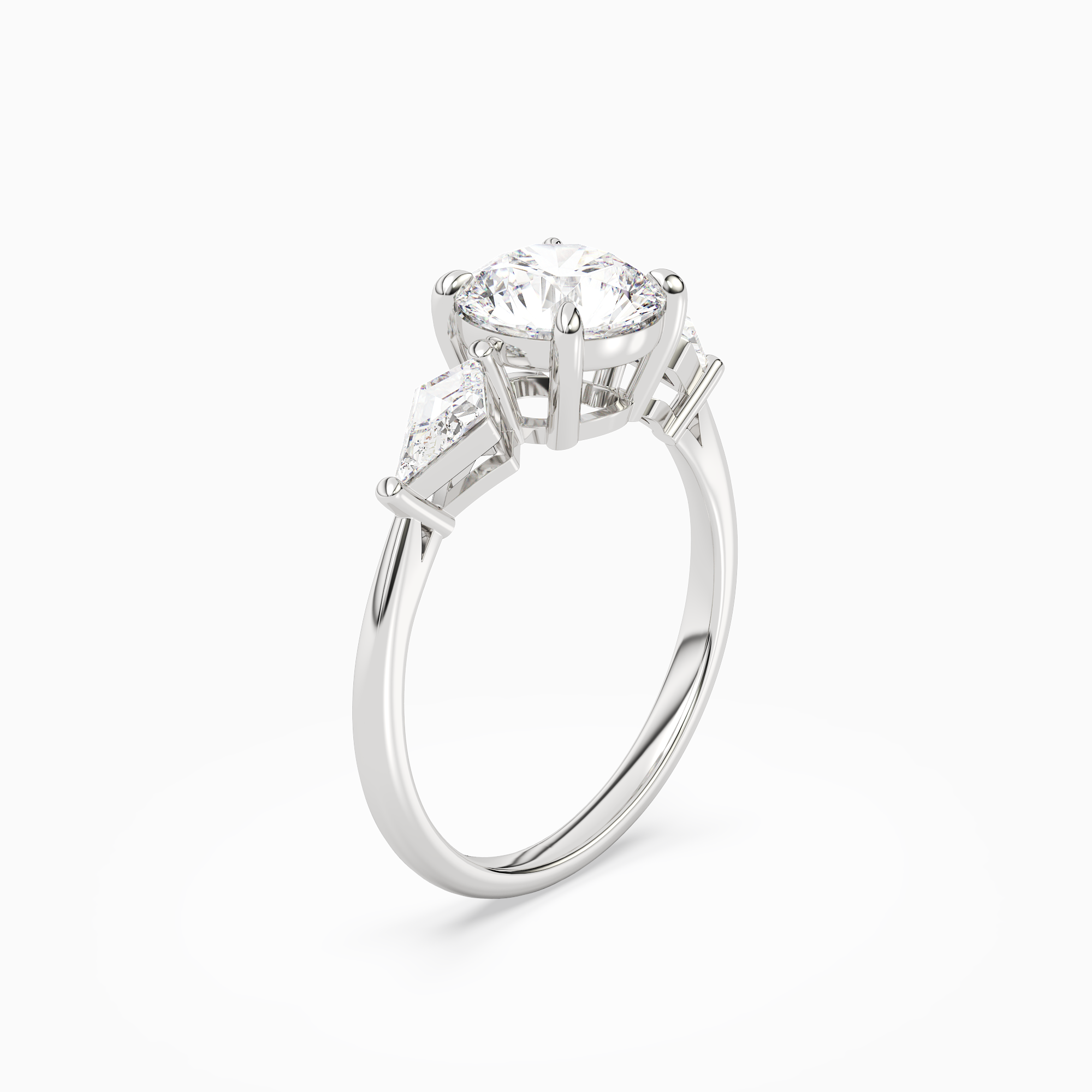 Round Kite Side Three Stone Large Sides in 18K White Gold angled