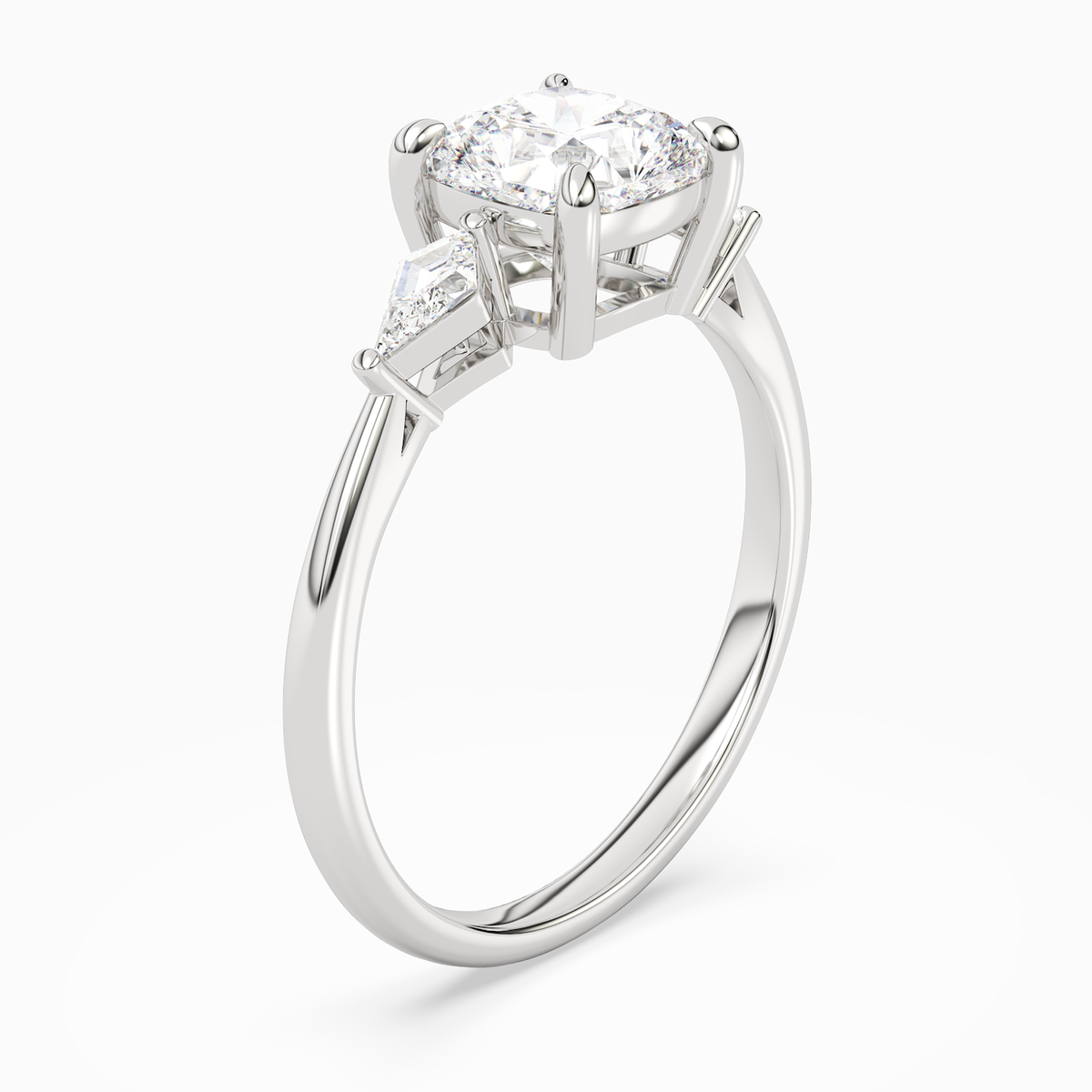 Cushion Kite Side Three Stone Small Sides in 14K White Gold angled