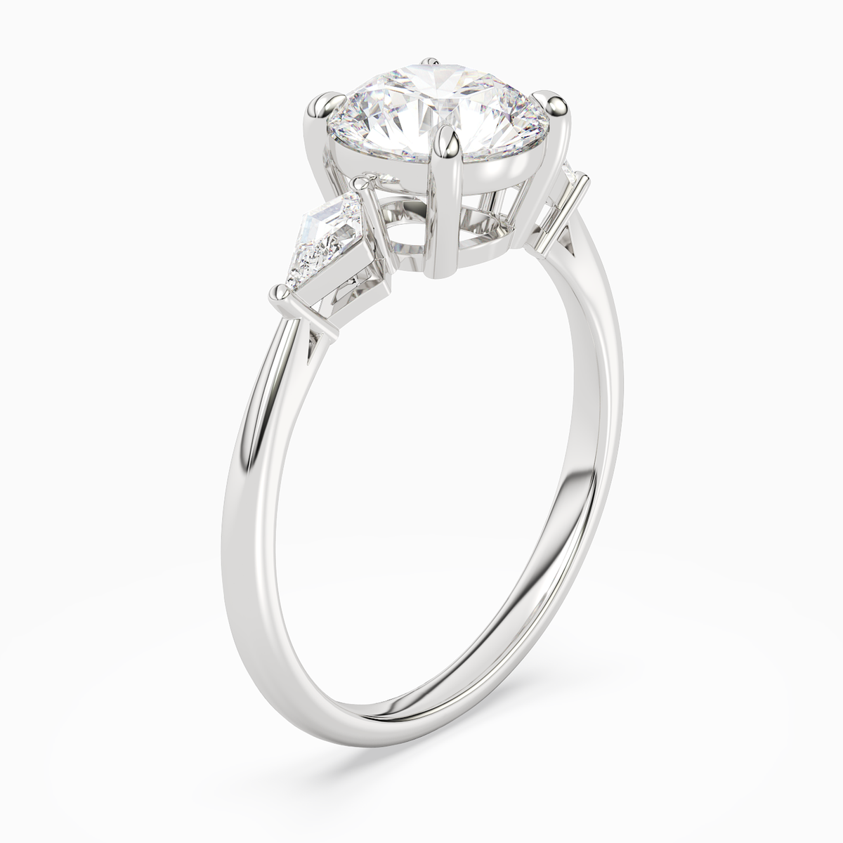 Round Kite Side Three Stone Small Sides in 14K White Gold angled
