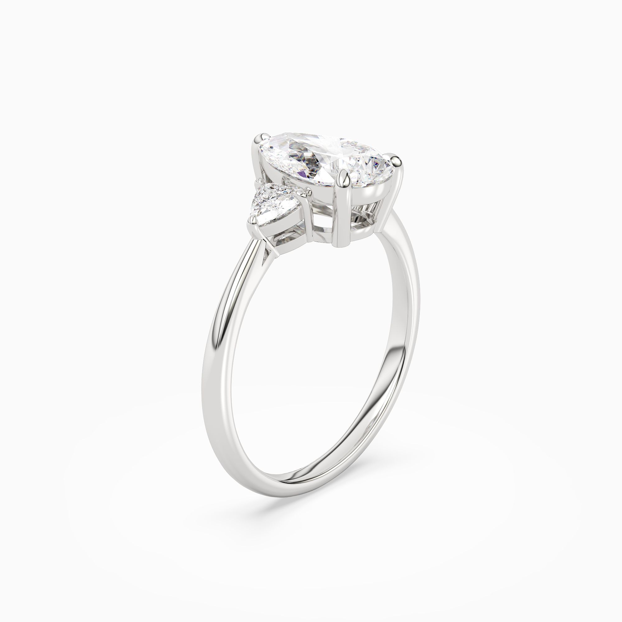 Pear Trillion Three Stone Large Sides in Platinum angled