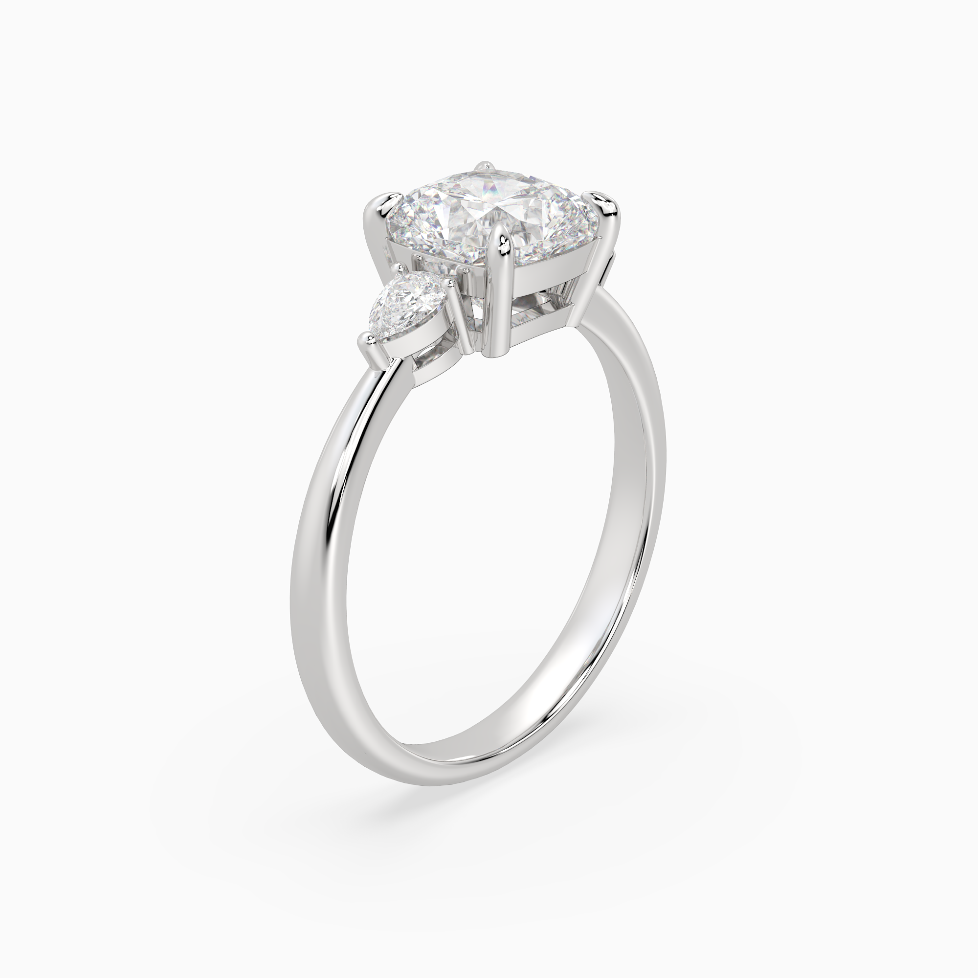 Cushion Pear Side Three Stone Classic in 14K White Gold angled