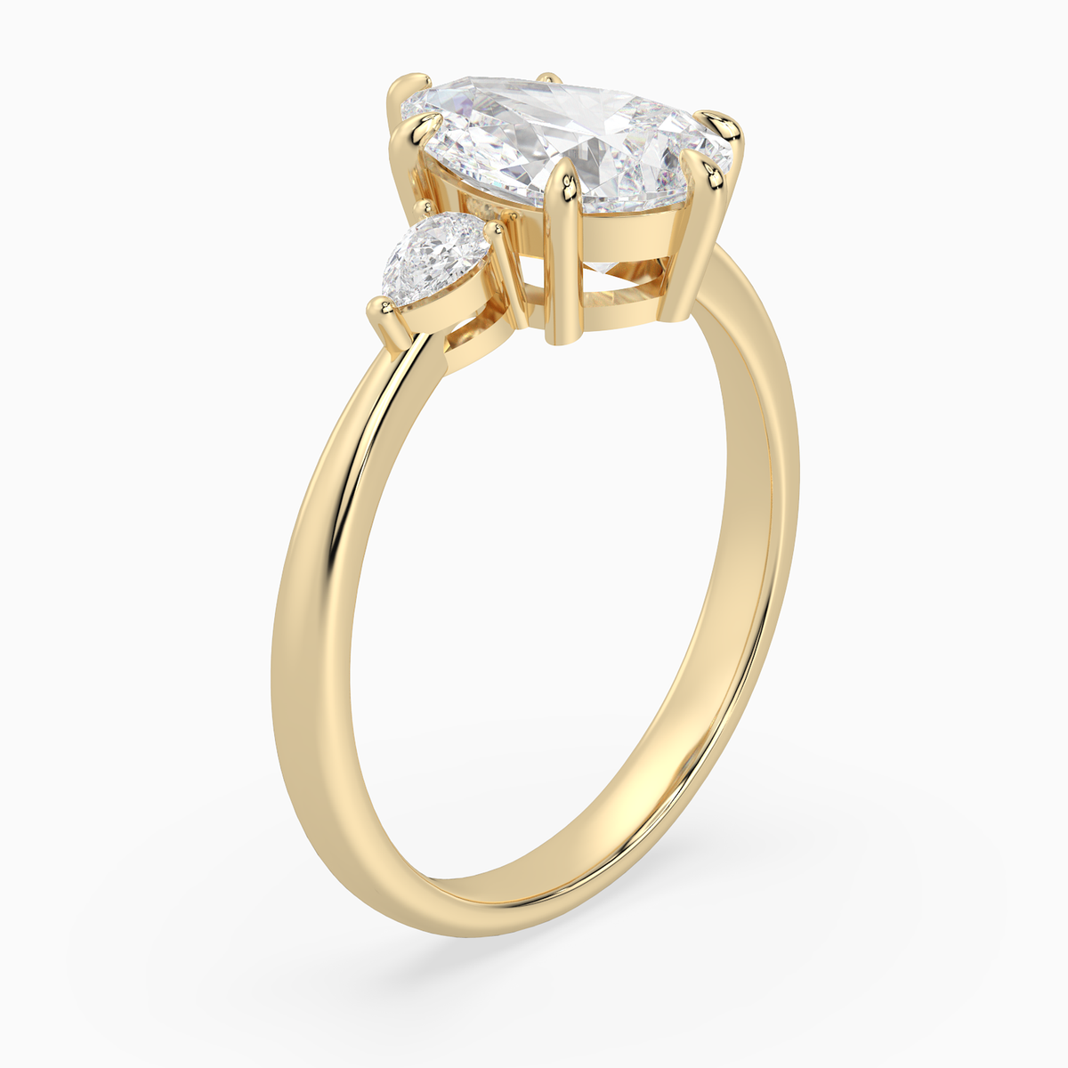Pear Pear Side Three Stone Classic in 18K Yellow Gold angled