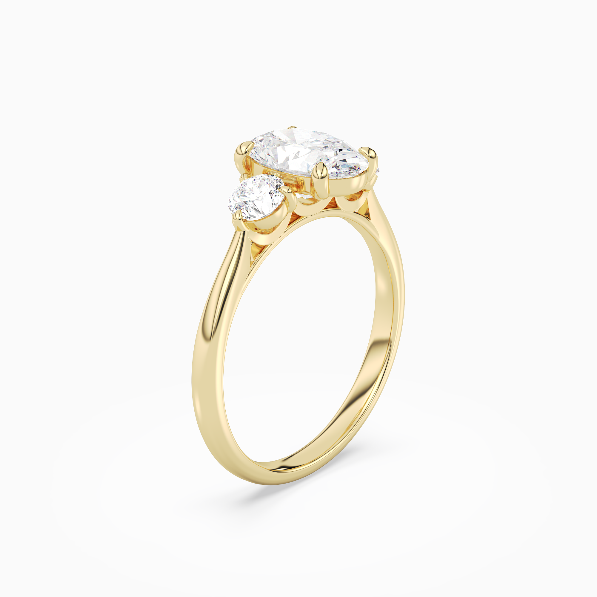 Oval Round Side Three Stone Plain in 18K Yellow Gold angled