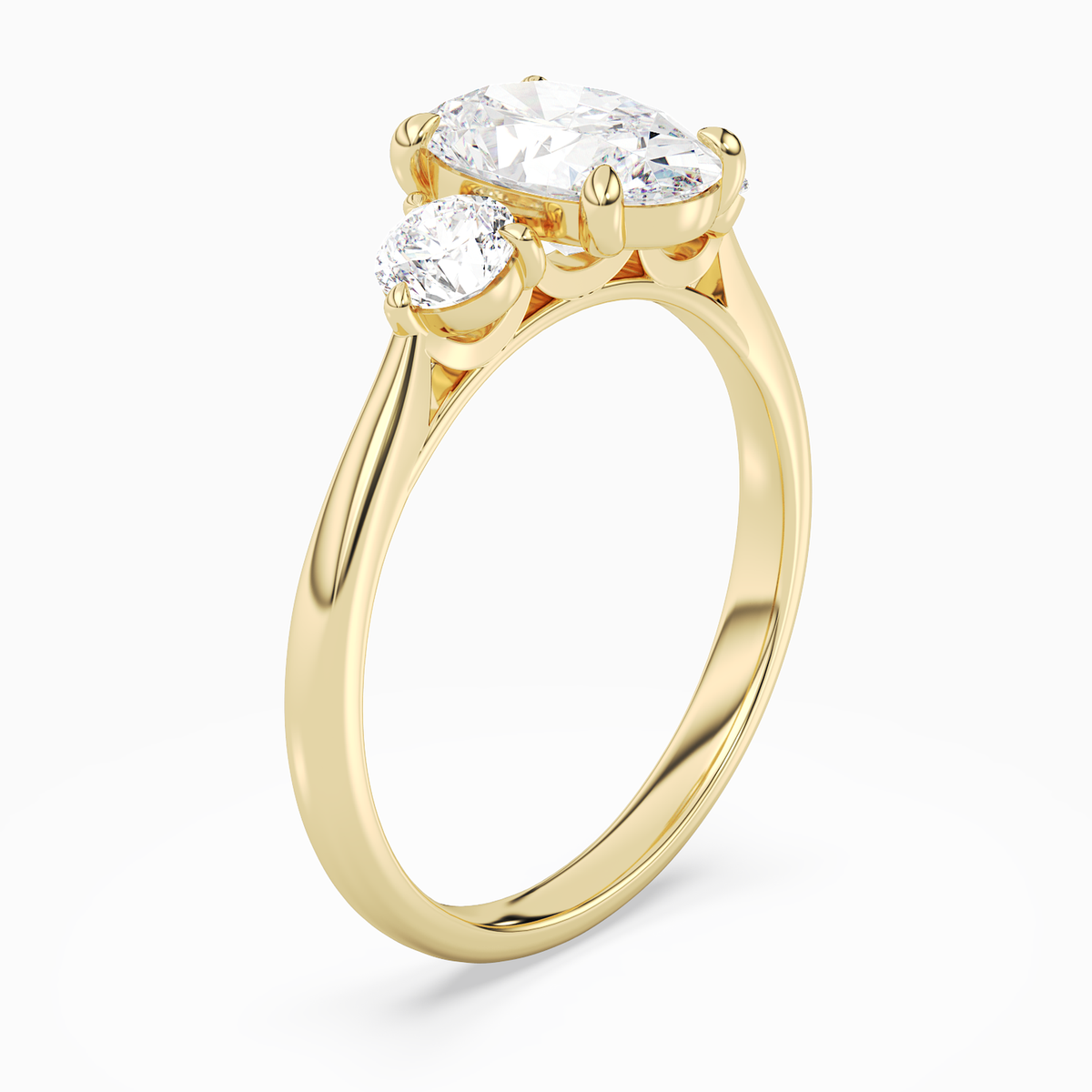 Oval Round Side Three Stone Plain in 18K Yellow Gold angled