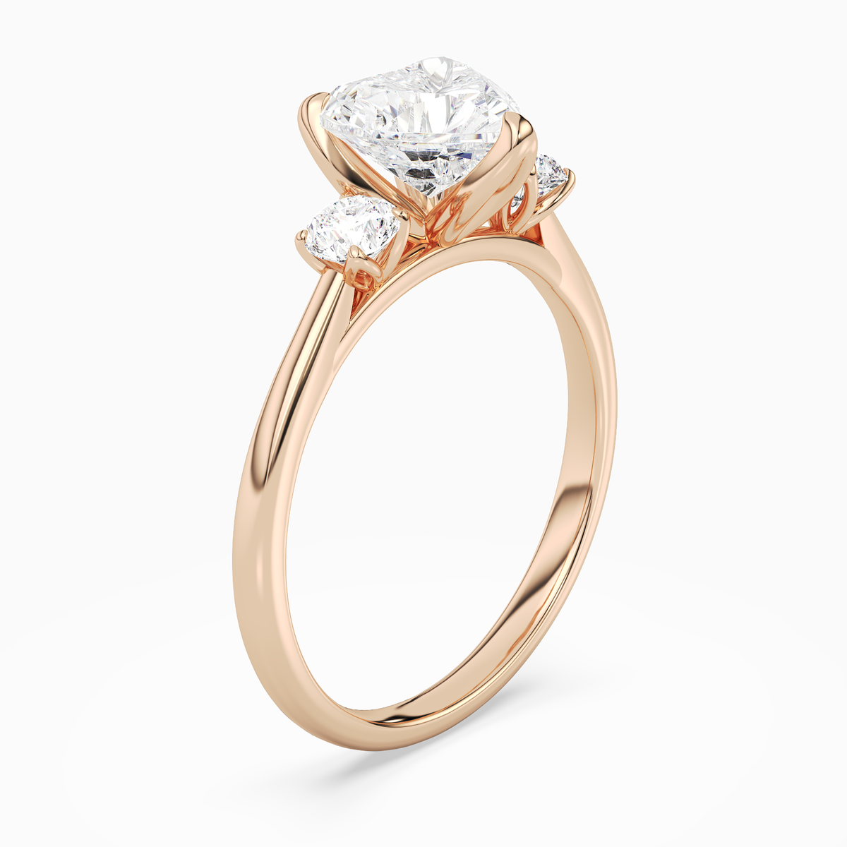 Heart Pear Three-Stone with Round Sides in 14K Rose Gold angled