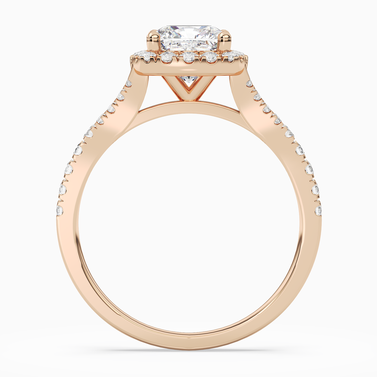 Cushion Classic Halo Split Shank Ring in 14K Rose Gold side profile