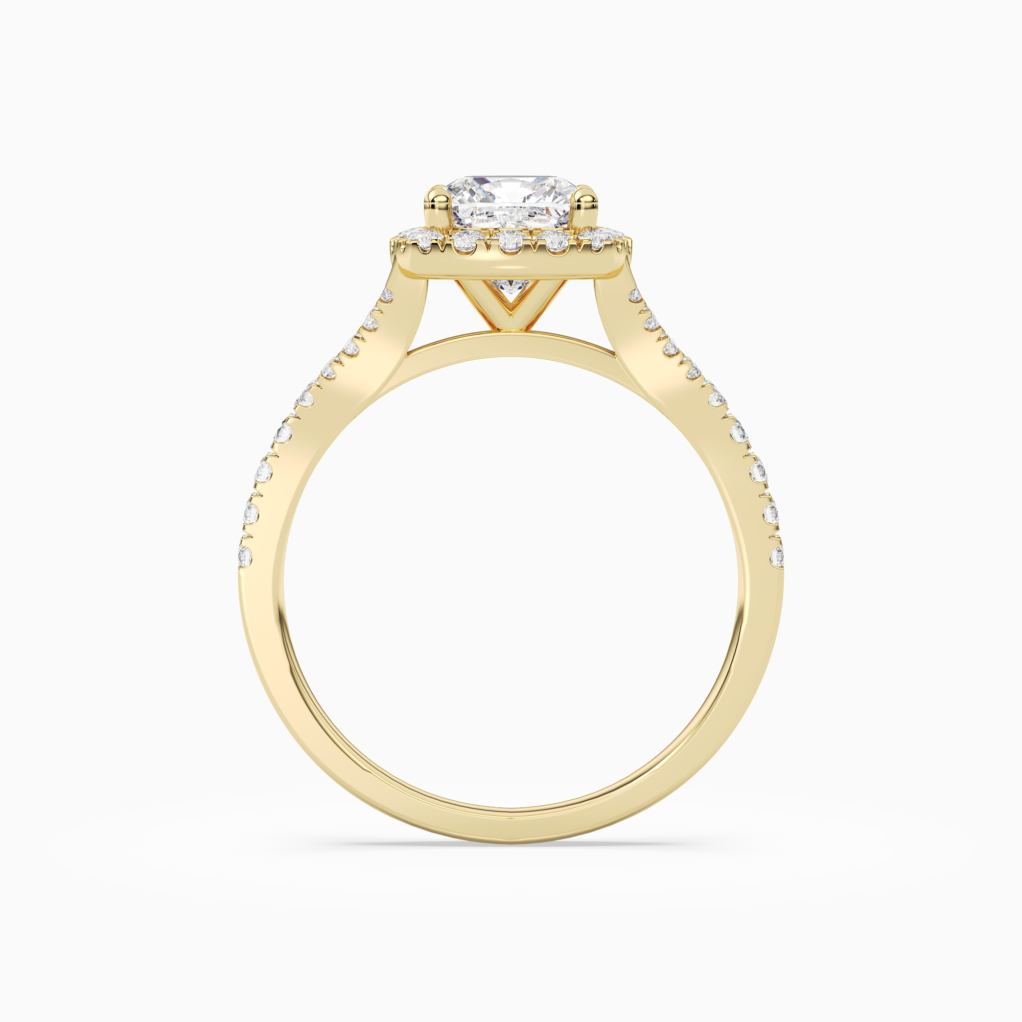 Cushion Classic Halo Split Shank Ring in 14K Yellow Gold side profile