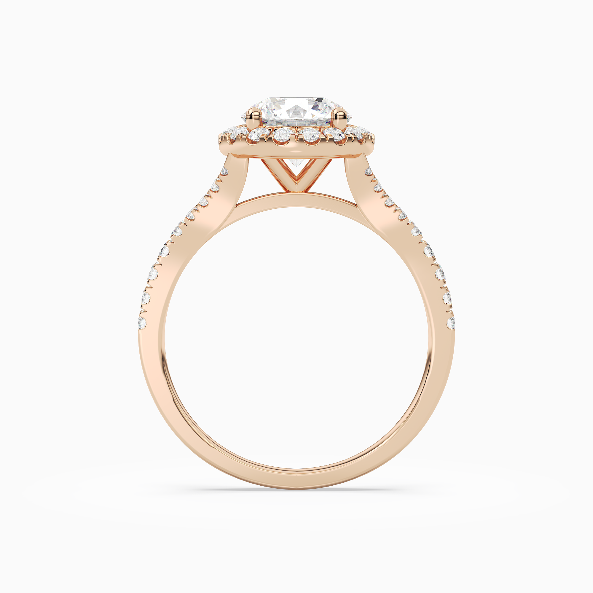 Round Classic Halo Split Shank Ring in 14K Rose Gold side profile