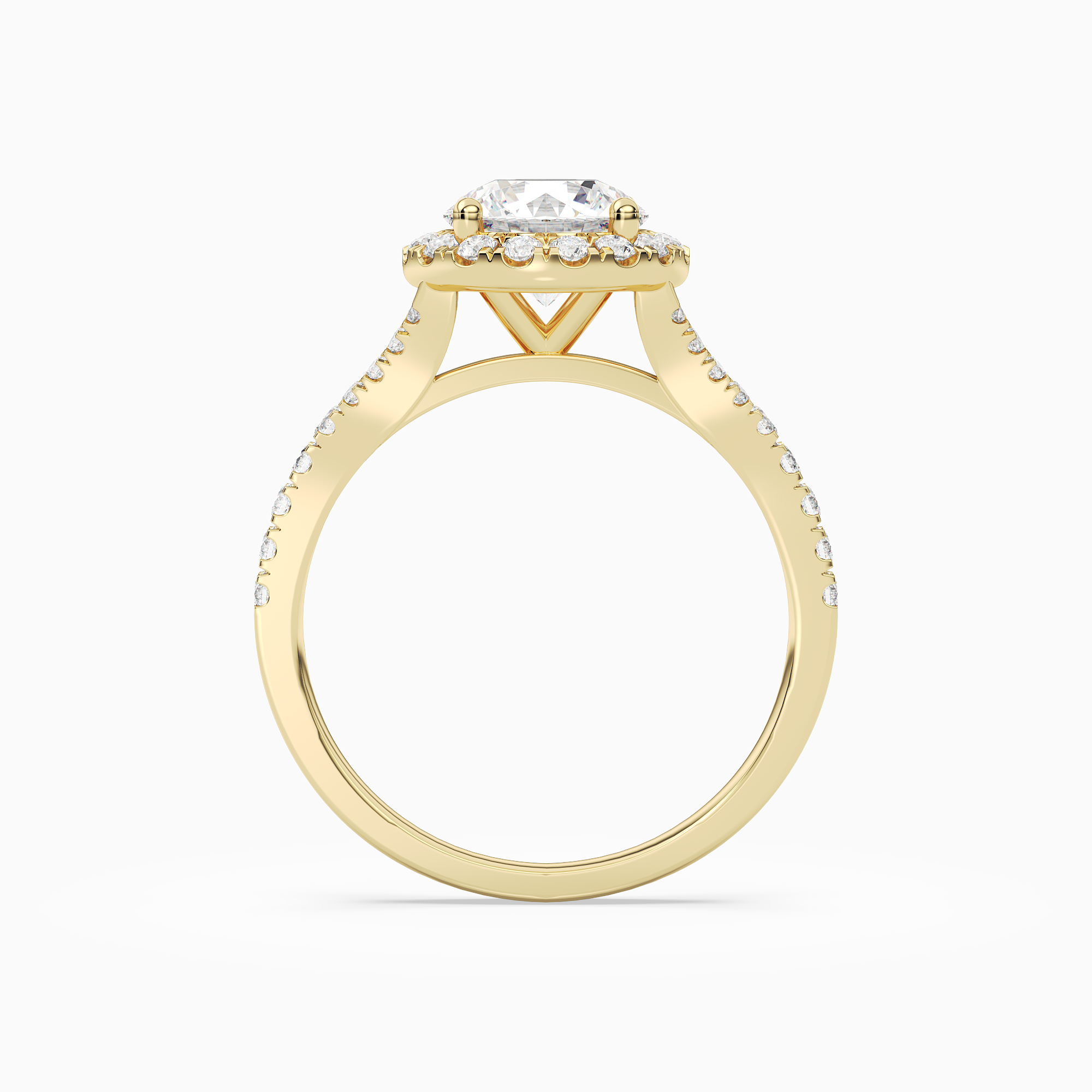 Round Classic Halo Split Shank Ring in 18K Yellow Gold side profile