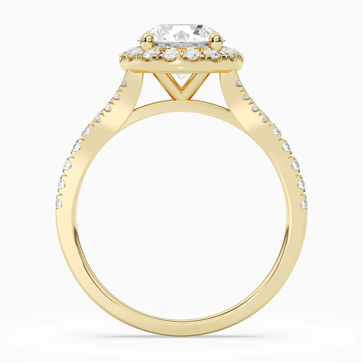 Round Classic Halo Split Shank Ring in 18K Yellow Gold side profile