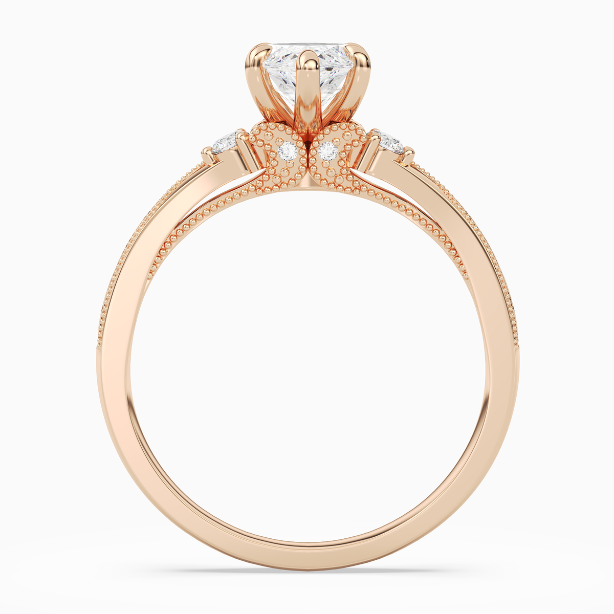 Marquise Engraved Vintage Side Stone Ring in 14K Rose Gold side profile