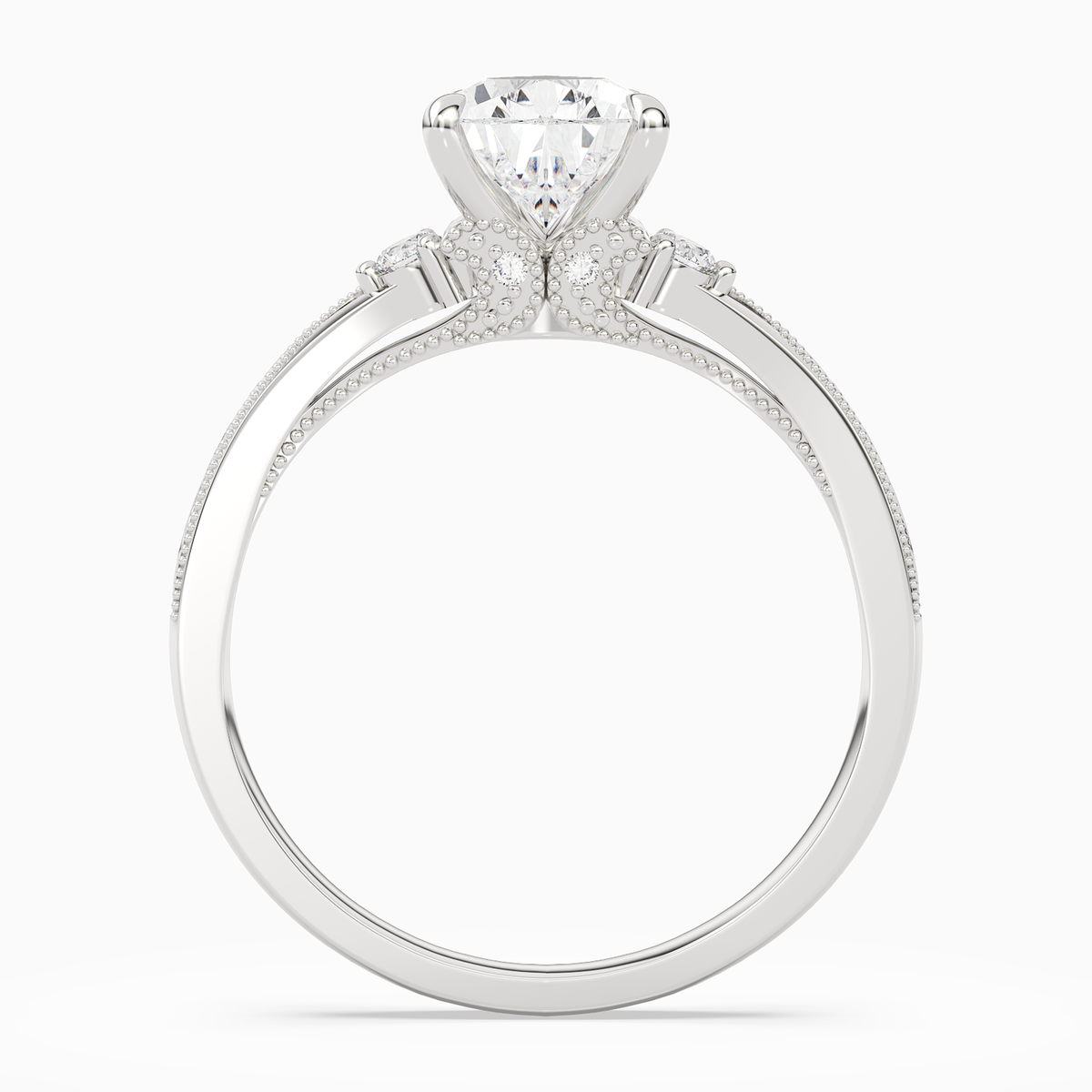 Pear Engraved Vintage Side Stone Ring in 18K White Gold side profile