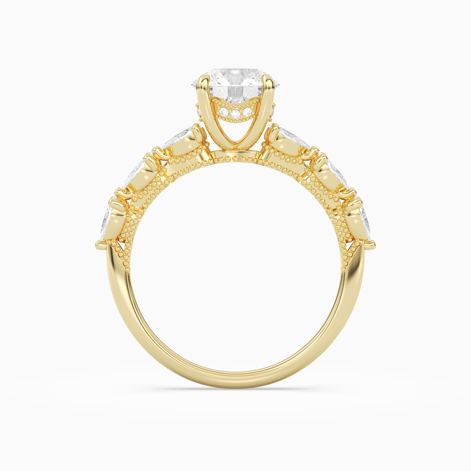 Round Crescent Pear Side Stone in 18K Yellow Gold side profile