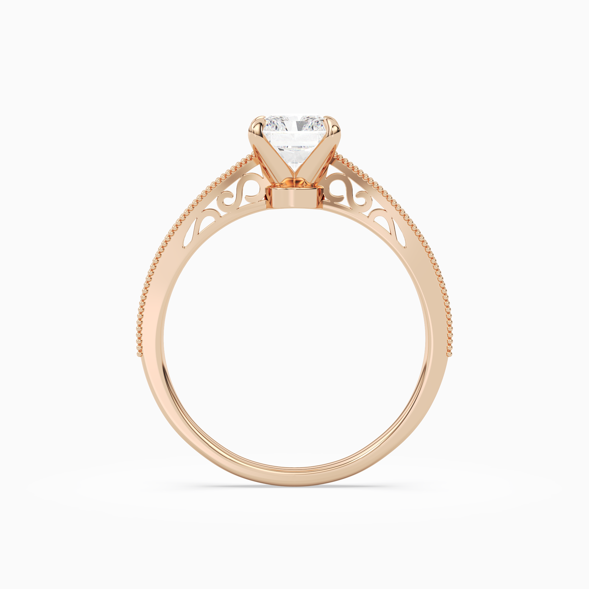 Radiant Milgrain Edge Solitaire in 14K Rose Gold side profile