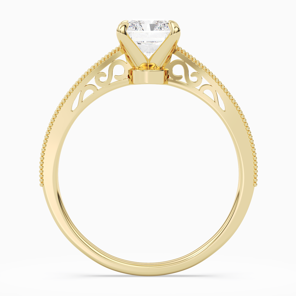 Radiant Milgrain Edge Solitaire in 14K Yellow Gold side profile