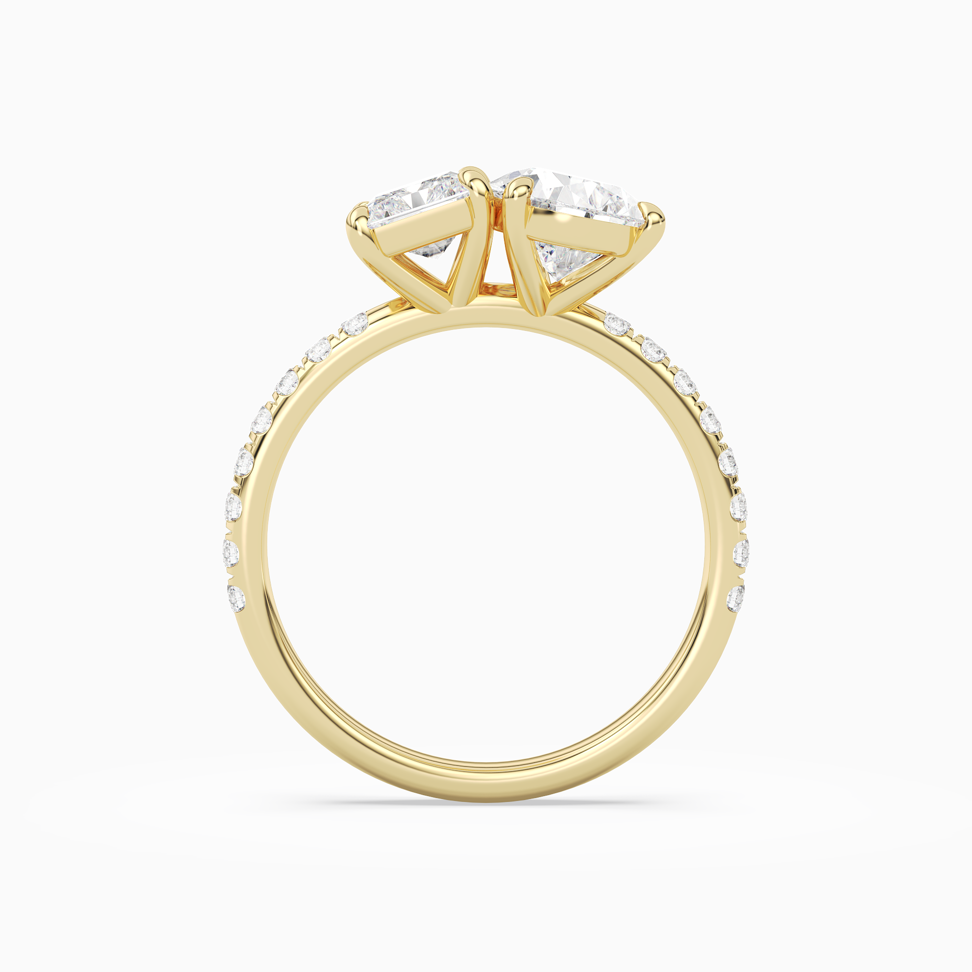 Radiant & Pear Accented Toi Et Moi in 18K Yellow Gold side profile