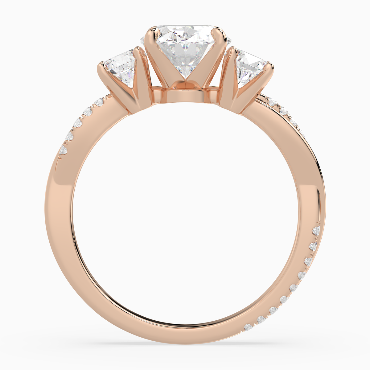 Oval Twisted Vine Three Stone in 14K Rose Gold side profile