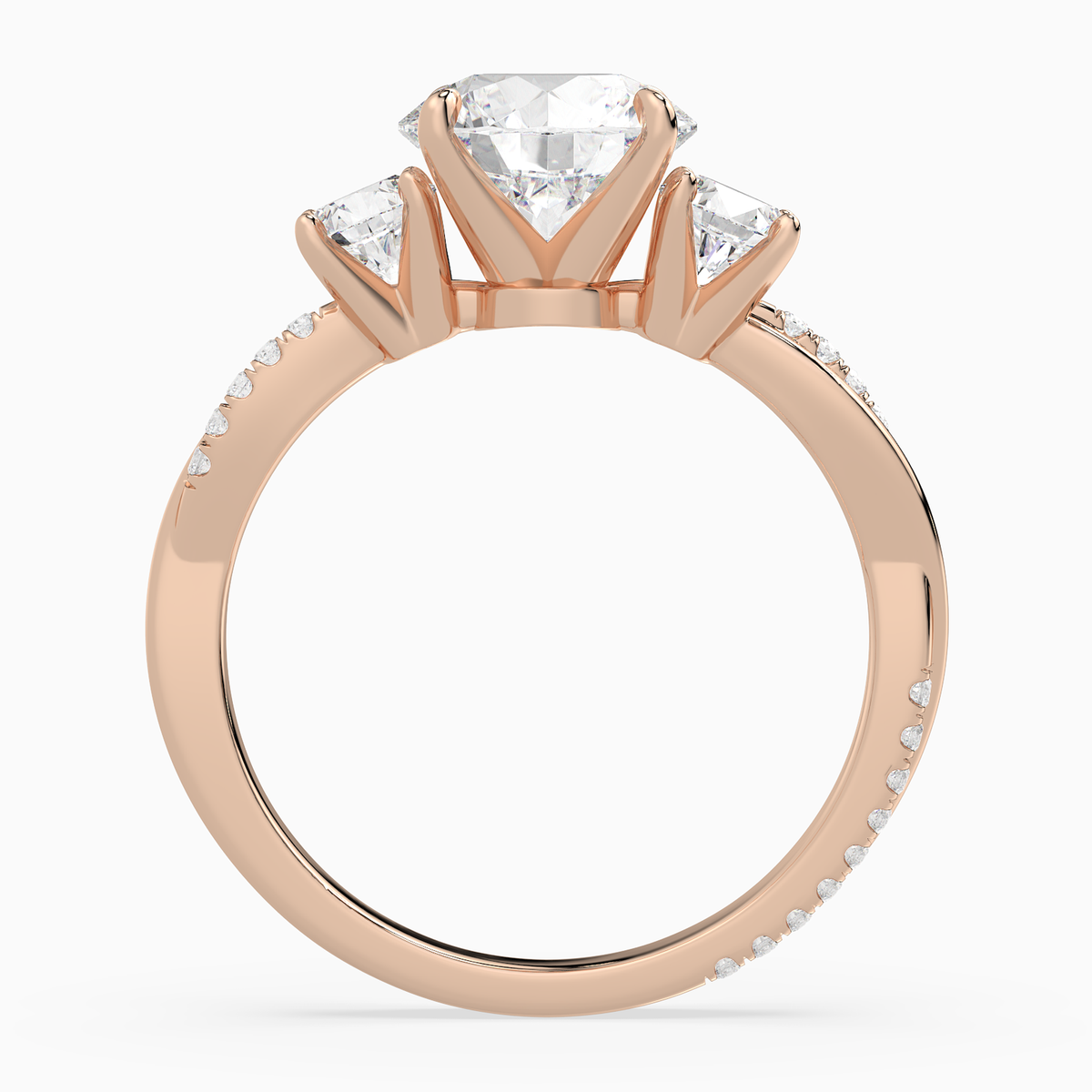 Round Twisted Vine Three Stone in 14K Rose Gold side profile