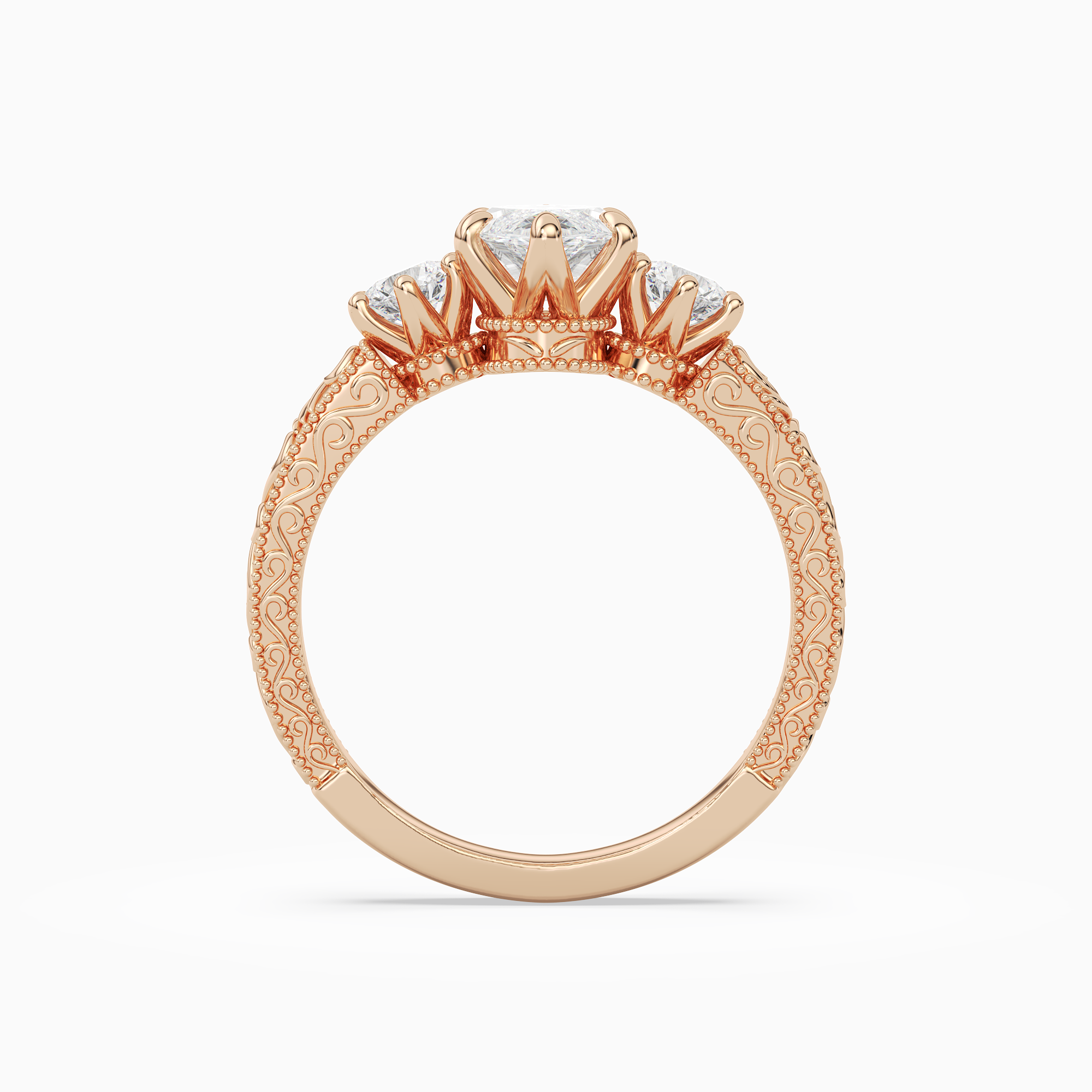 Marquise Engraved Vintage Three Stone in 14K Rose Gold side profile