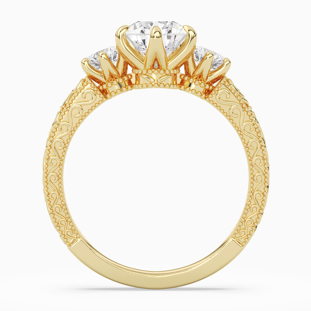 Pear Engraved Vintage Three Stone in 14K Yellow Gold side profile