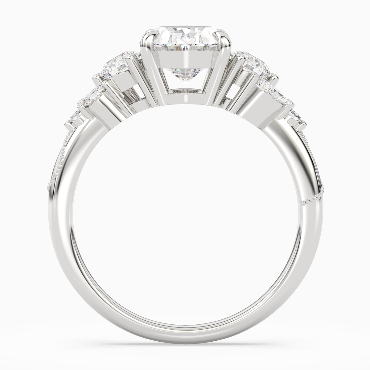 Oval Composite Three Stone Ring in 14K White Gold side profile