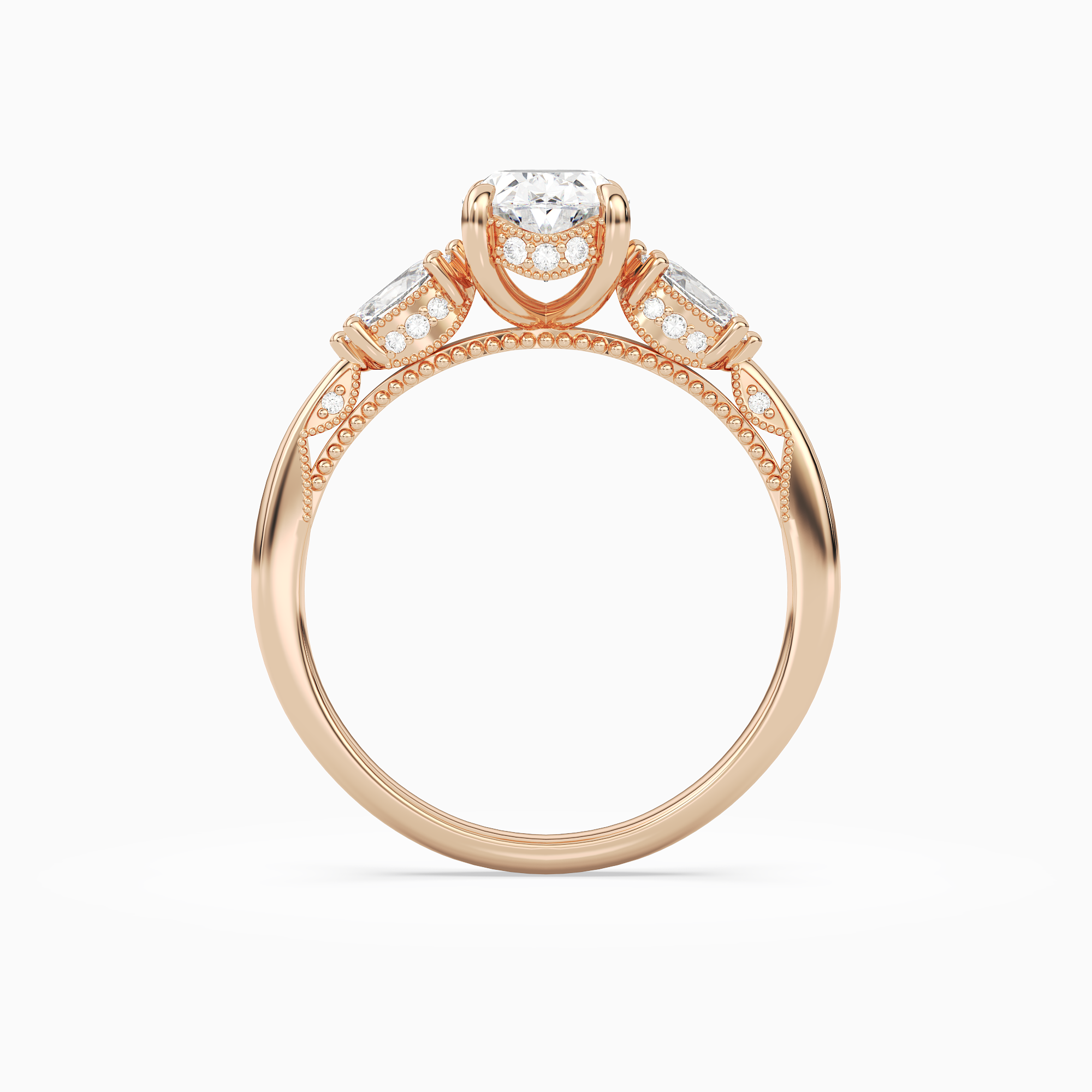 Oval Ornate Accented Three Stone in 14K Rose Gold side profile