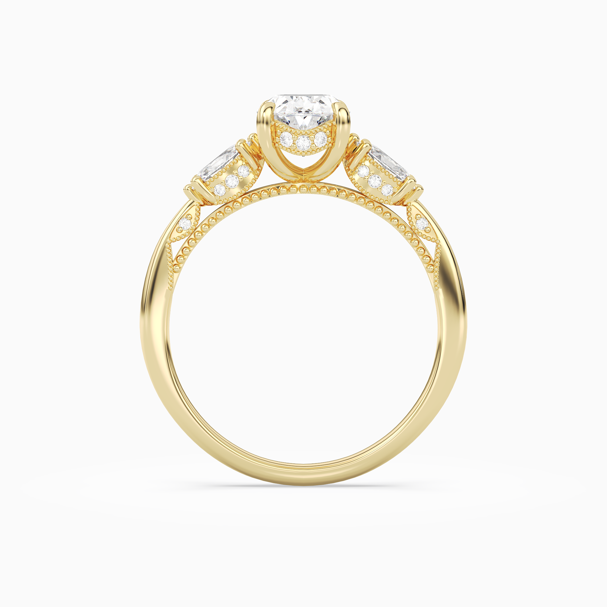 Oval Ornate Accented Three Stone in 14K Yellow Gold side profile